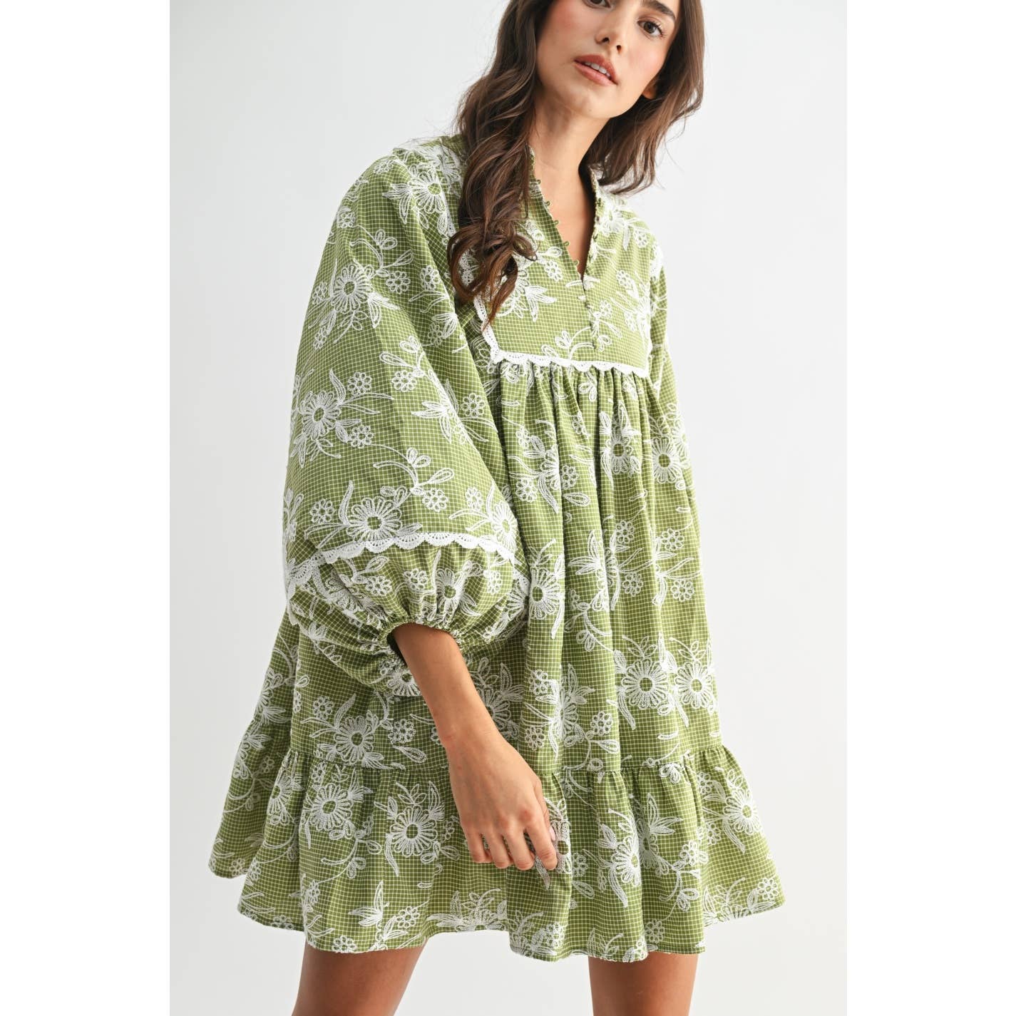 EMBROIDERED DRESS WITH BALLOON SLEEVES: MOSS GREEN/CREAM / S-M-L(3-2-1)