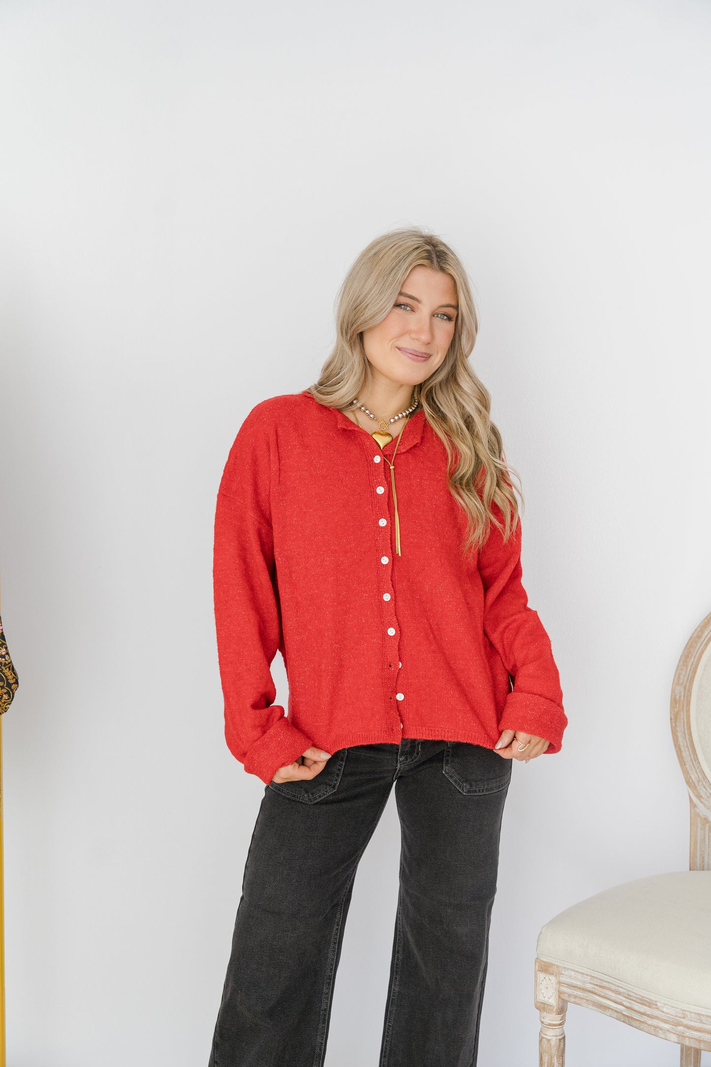 Monroe Button Down Knit Cardigan- Red