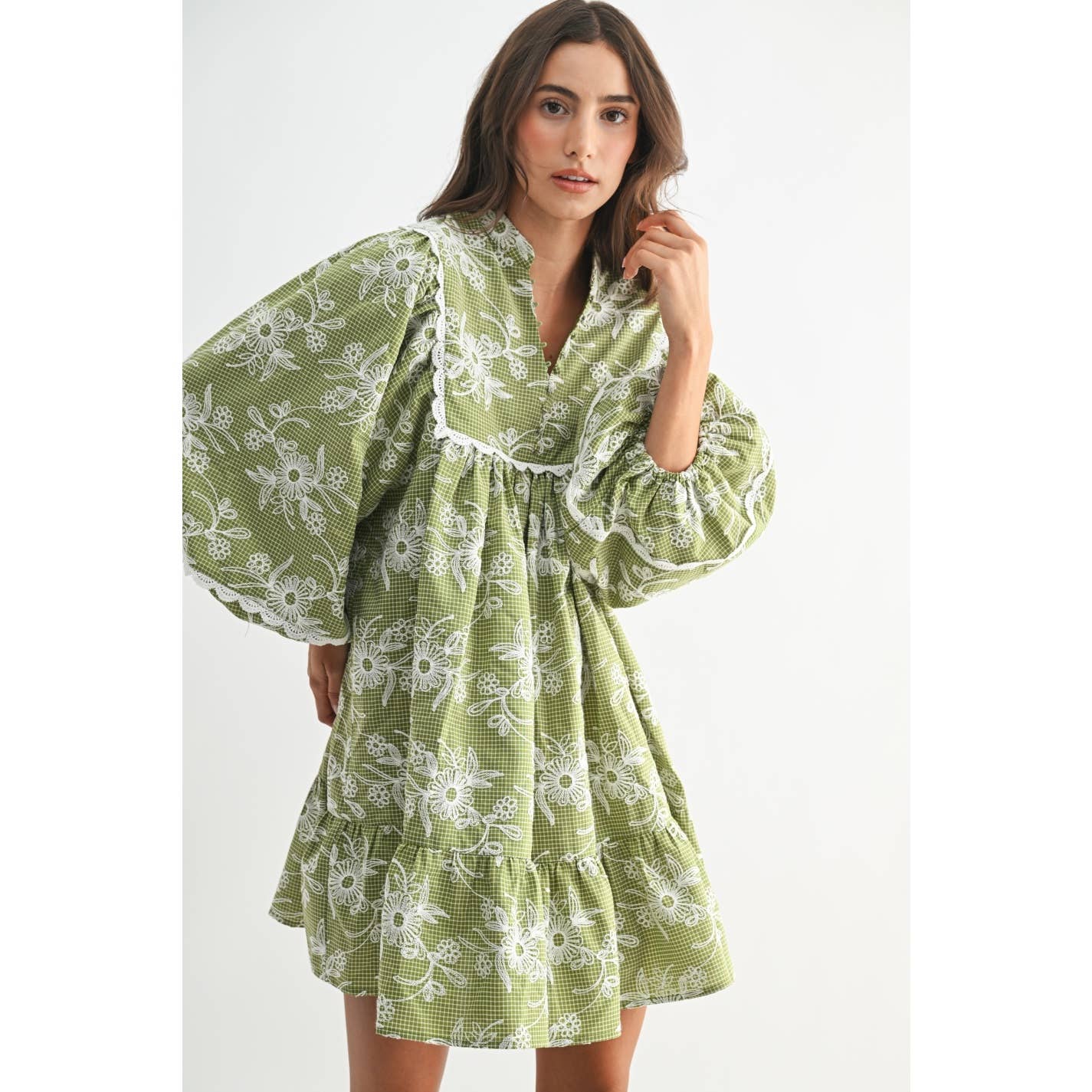 EMBROIDERED DRESS WITH BALLOON SLEEVES: MOSS GREEN/CREAM / S-M-L(3-2-1)