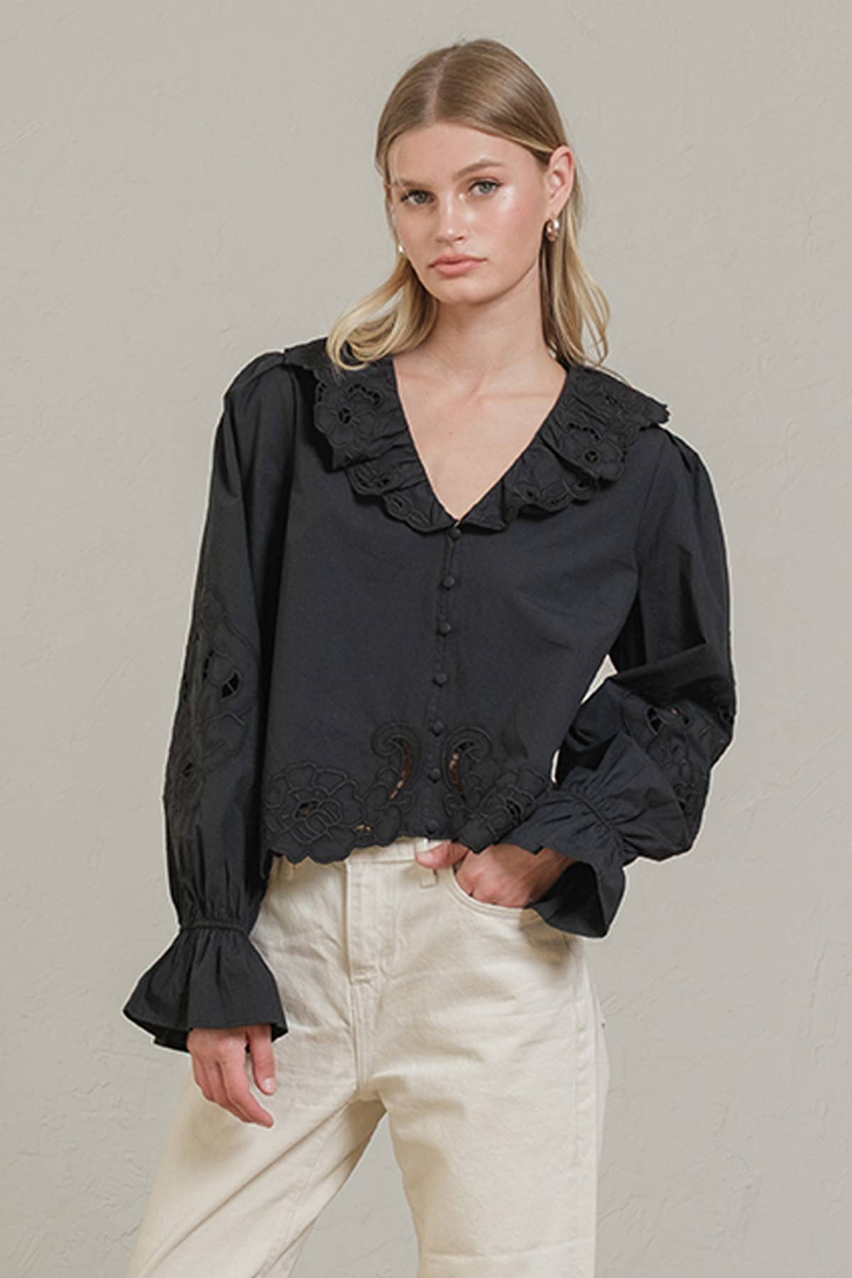 Embroidery Ruffle Blouse - RT1039: White / S-M-L (3-2-1)