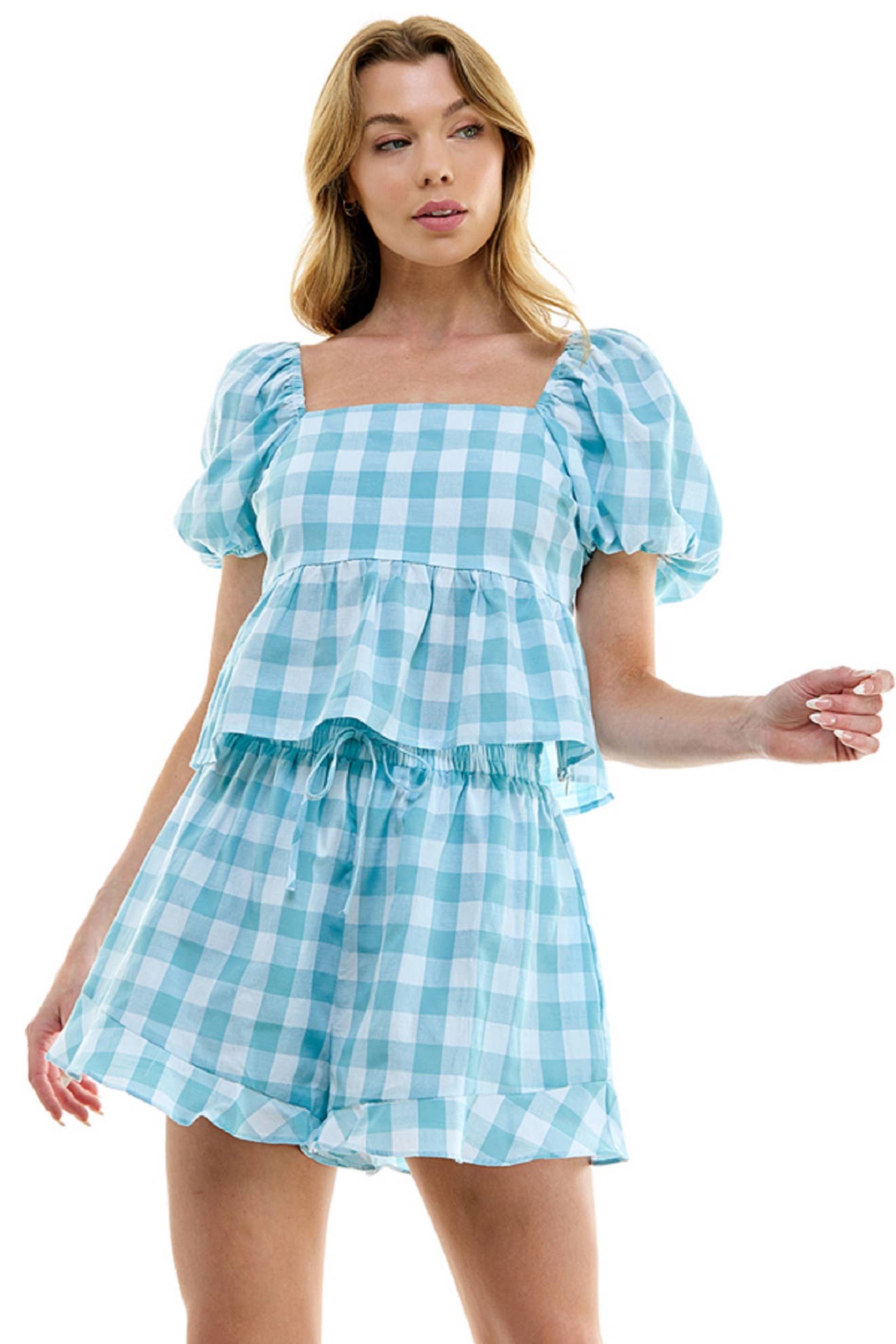 GINGHAM PUFF SLEEVE PEPLUM TOP: S