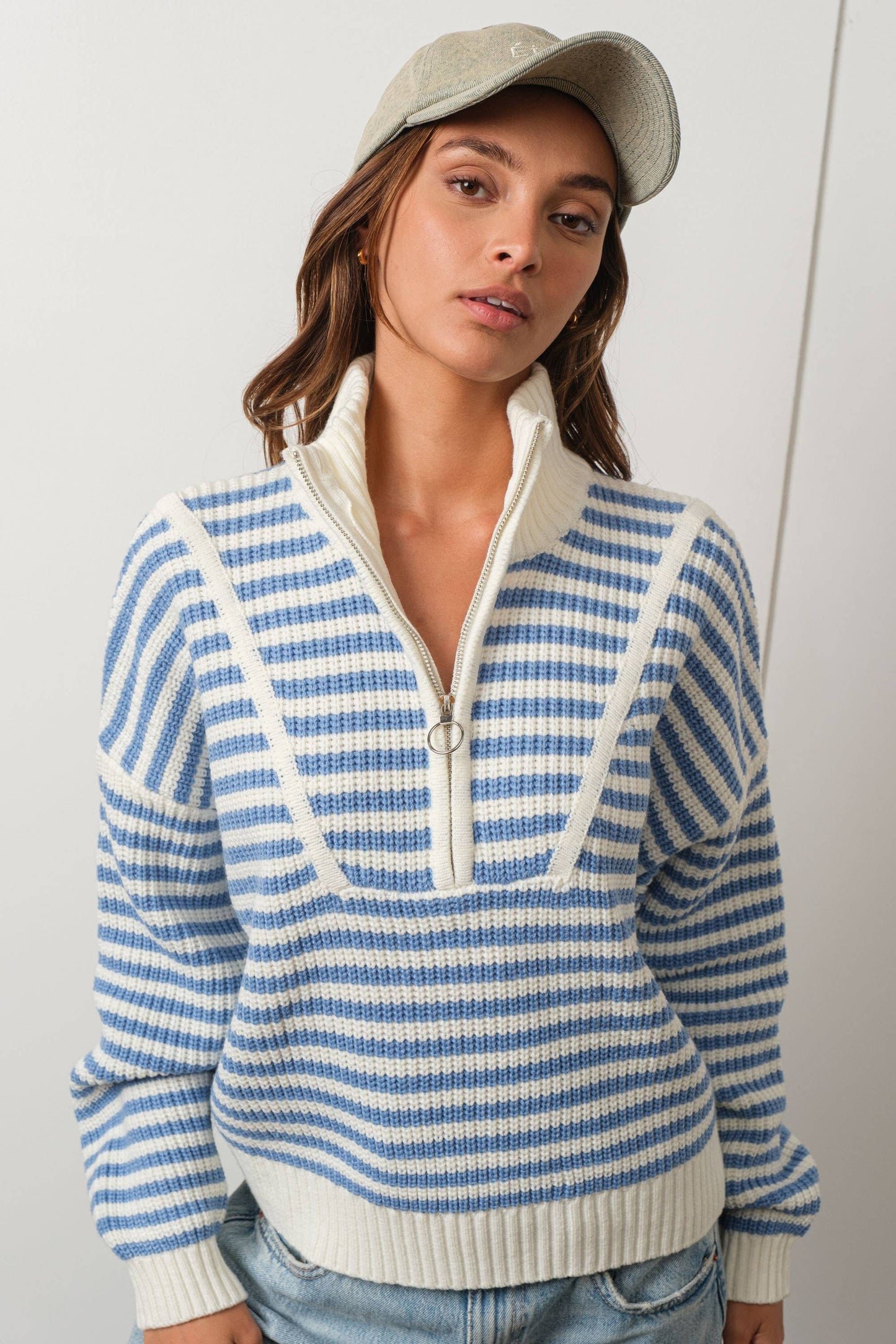 Preppy Californian Half-zip Striped Sweater-BLUE: BLUE / L