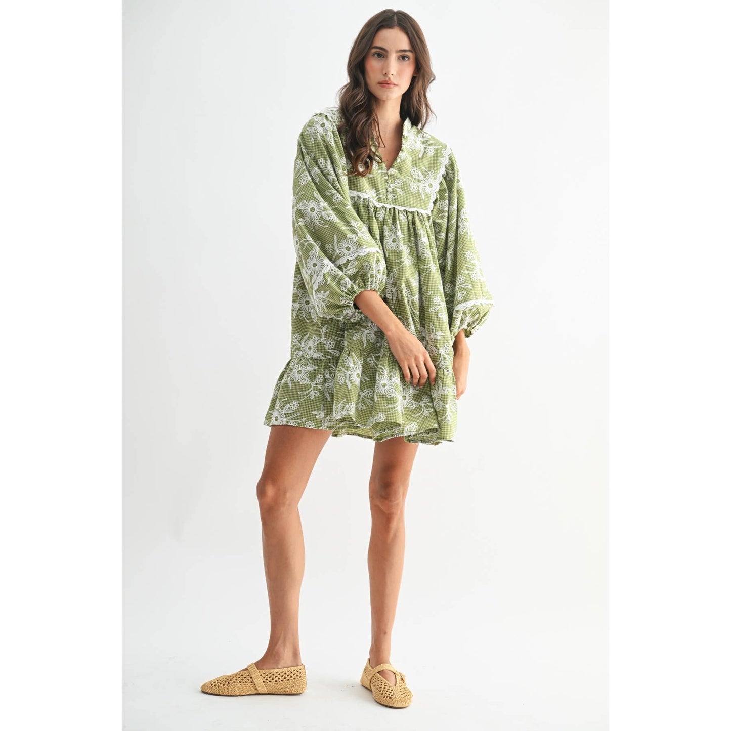 EMBROIDERED DRESS WITH BALLOON SLEEVES: MOSS GREEN/CREAM / S-M-L(3-2-1)