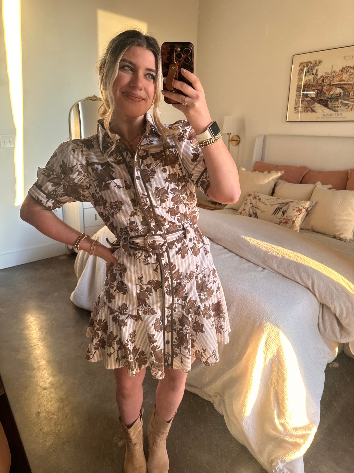 Chestnut Dreams Floral Belted Mini Dress