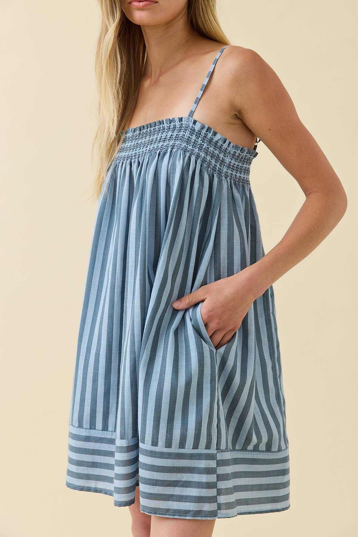 Smocked Stripe Cami Dress - RD1387: BLUE STRIPE / S-M-L (3-2-1)