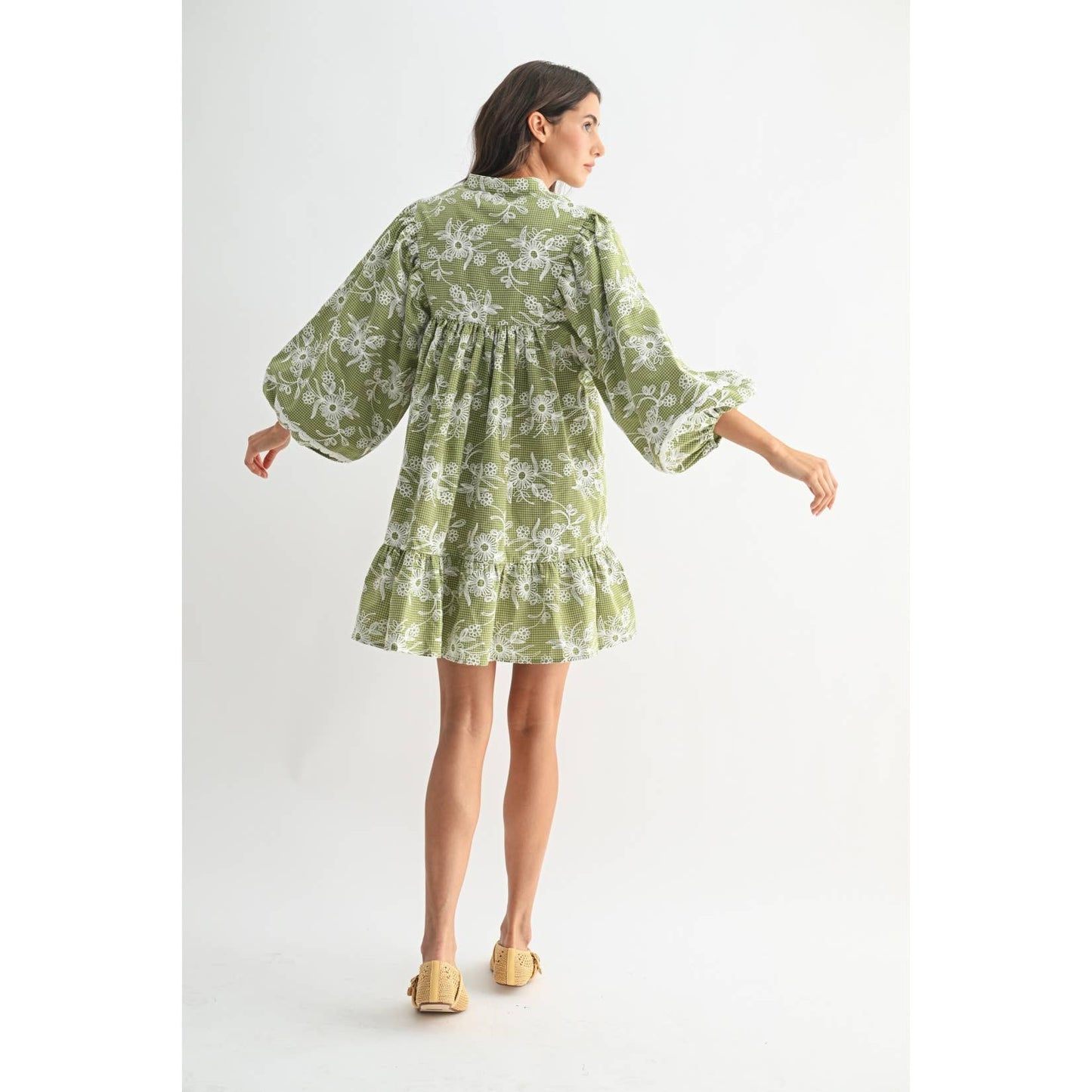 EMBROIDERED DRESS WITH BALLOON SLEEVES: MOSS GREEN/CREAM / S-M-L(3-2-1)
