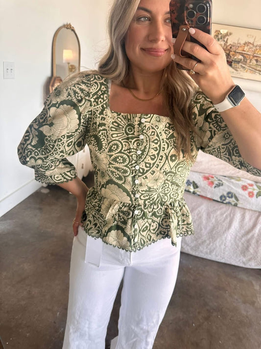 Meet you at Happy Hour Scallop Lace Trim Peplum Hem Top