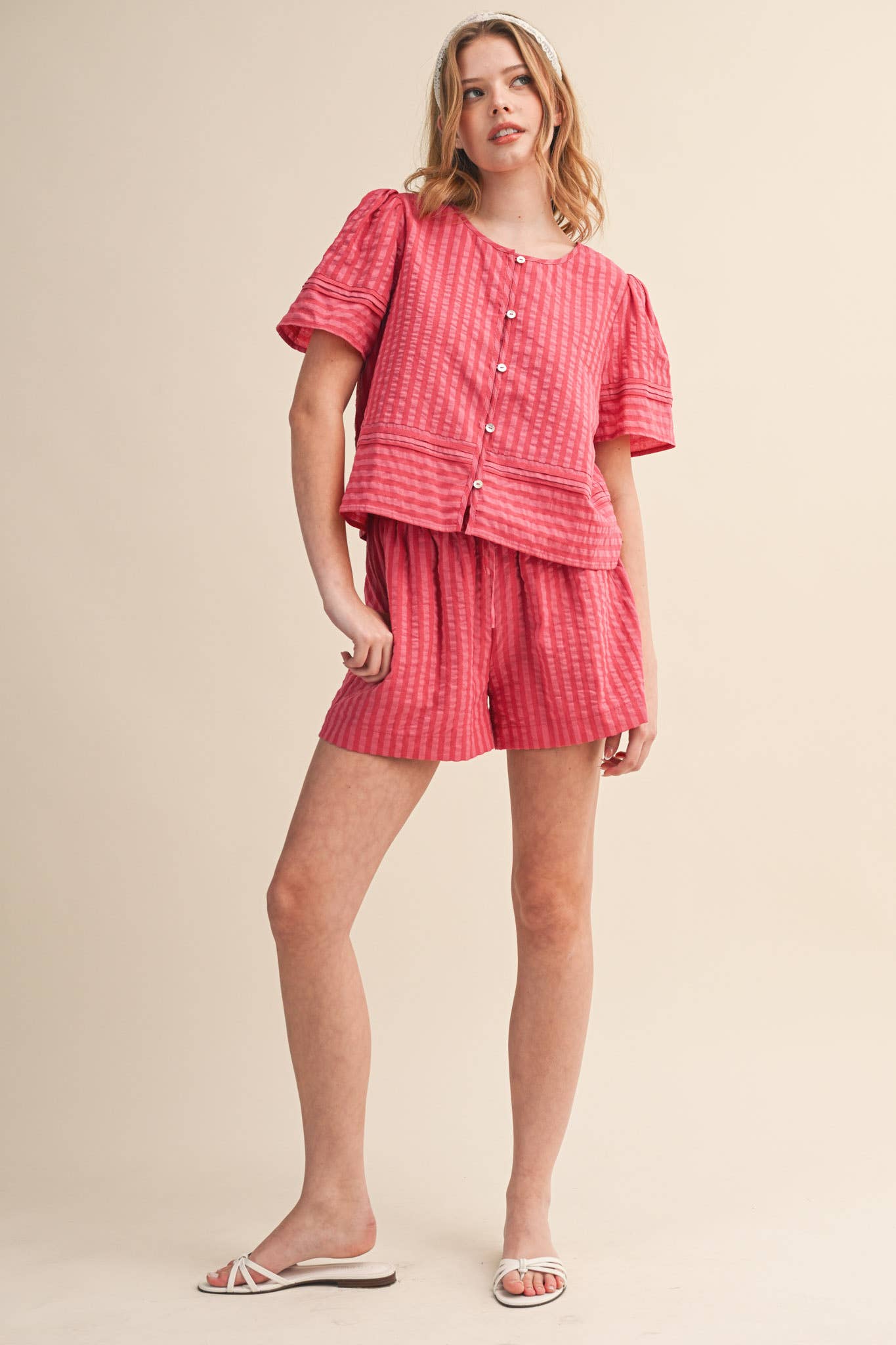 STRIPED BUTTON UP TOP AND SHORTS SET MPST4488: PINK RASPBERRY STRIP / S