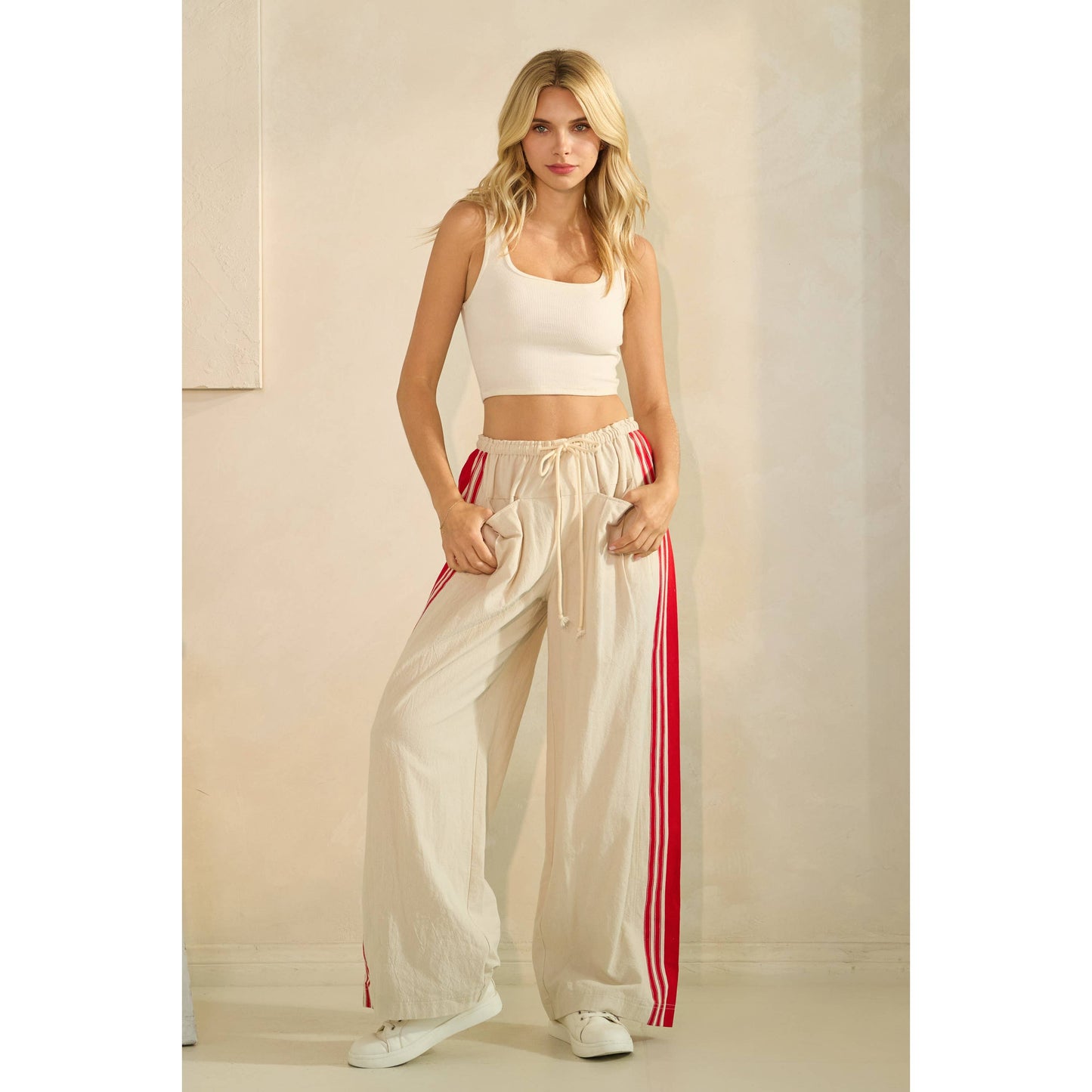 Sport Striped Wide Legged Pants: Ivory / S
