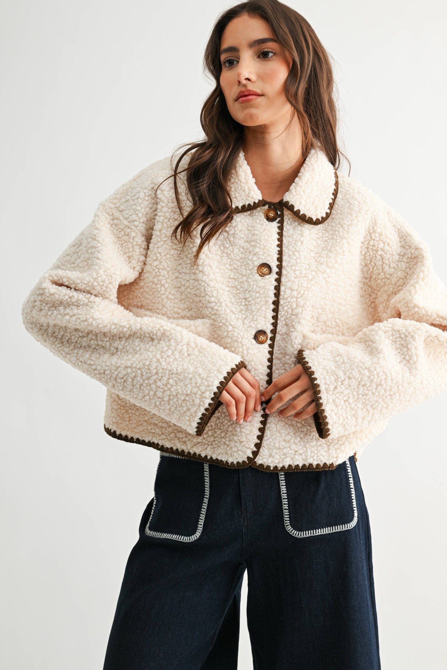 CONTRAST TRIM SHERPA JACKET - CJ25550: CREAM/BROWN / S-M-L (3-2-1)