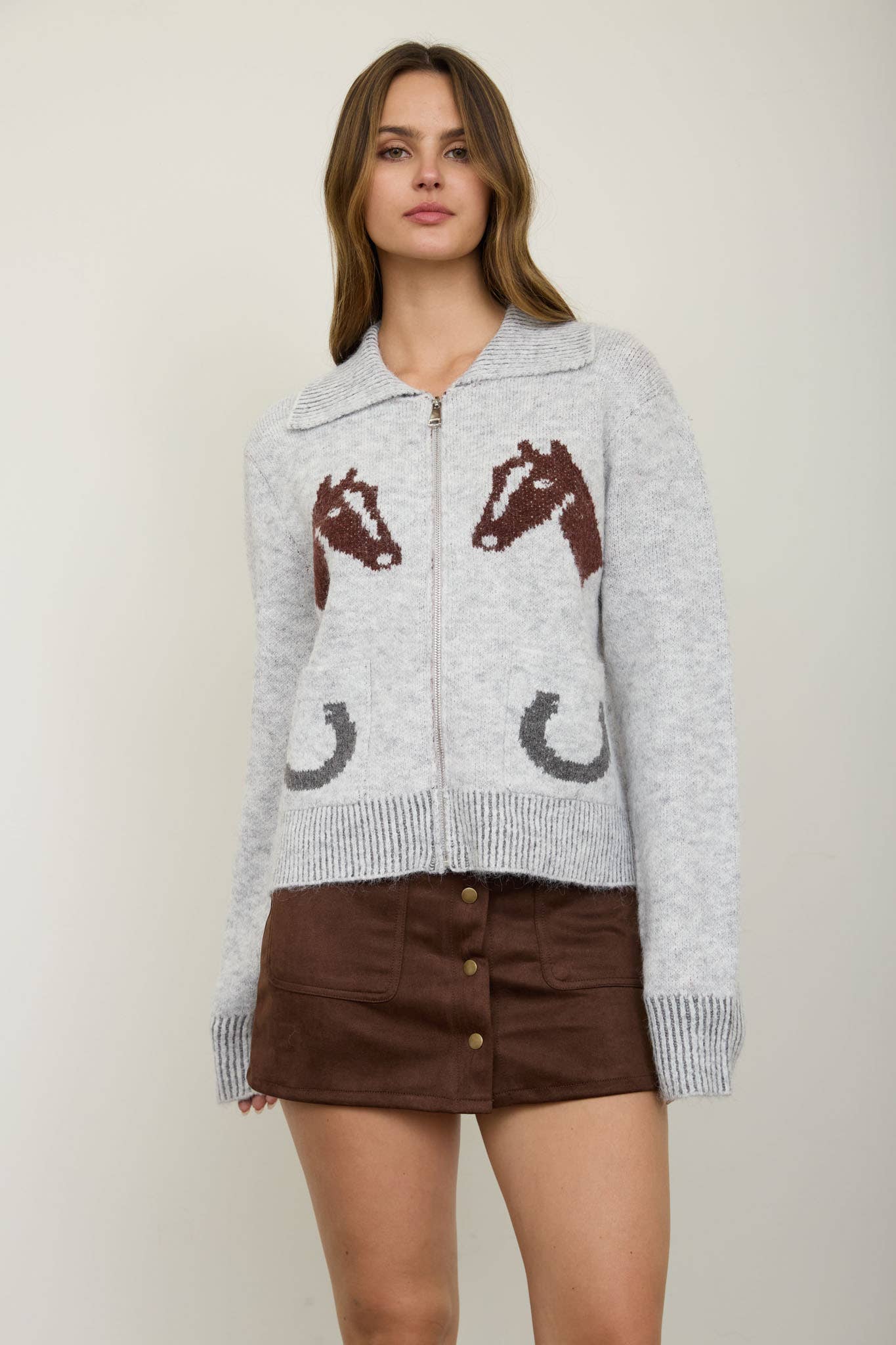 WESTERN JACQUARD COLLARED ZIP-UP KNIT CARDIGAN: LIGHT BROWN MULTI