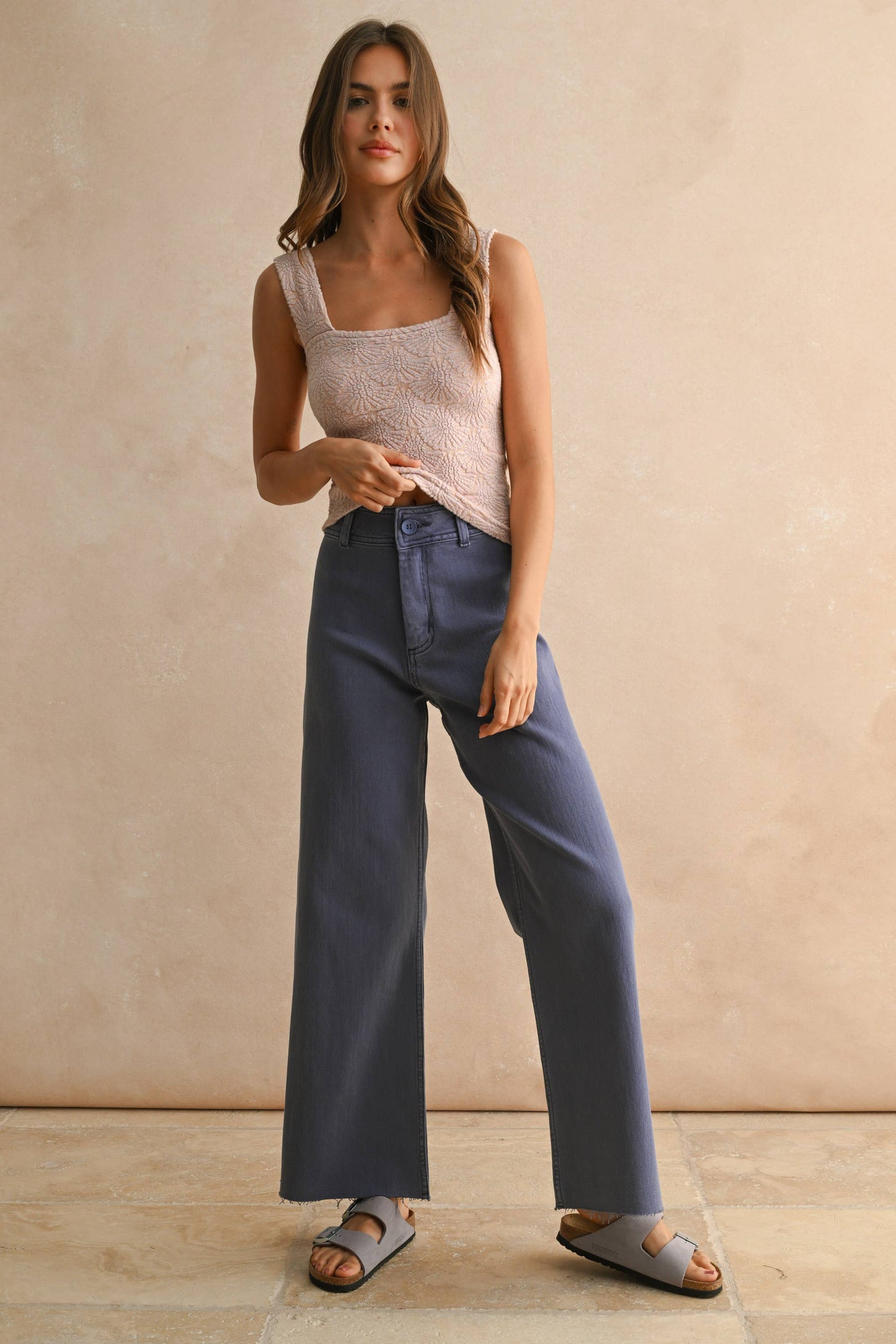 MMP623   STRAIGHT WIDE LEG DENIM PANTS: MAROON / L