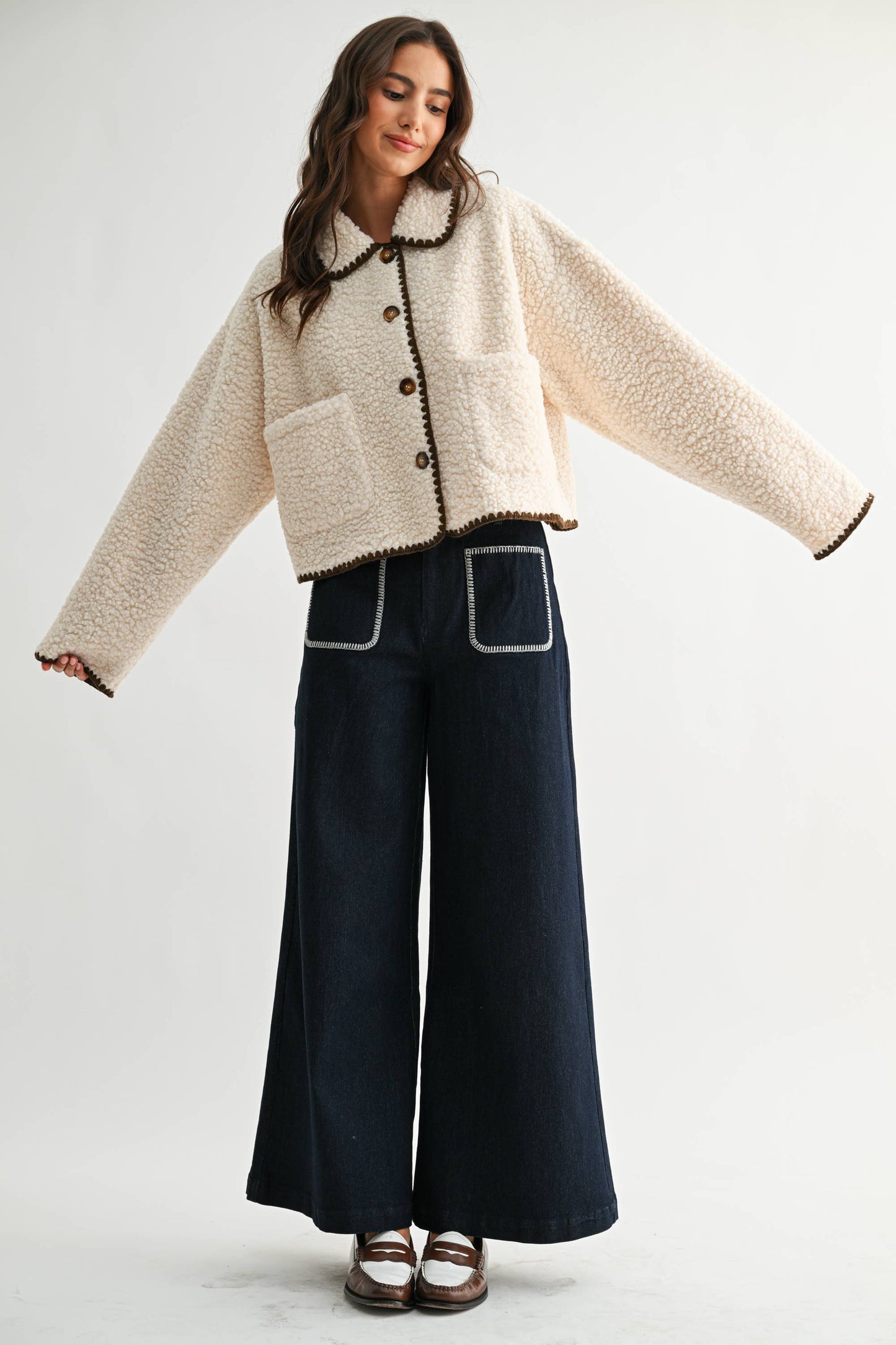 CONTRAST TRIM SHERPA JACKET - CJ25550: CREAM/BROWN / S-M-L (3-2-1)