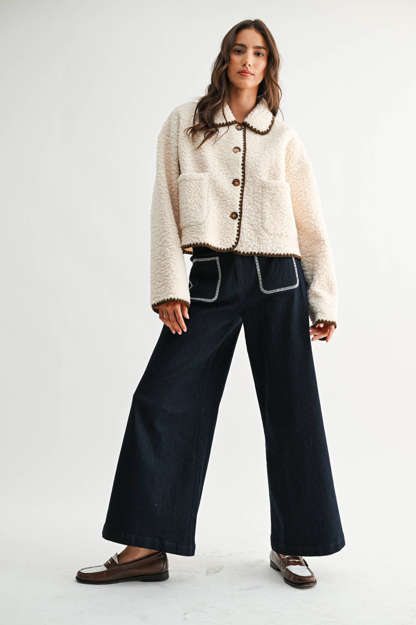 CONTRAST TRIM SHERPA JACKET - CJ25550: CREAM/BROWN / S-M-L (3-2-1)