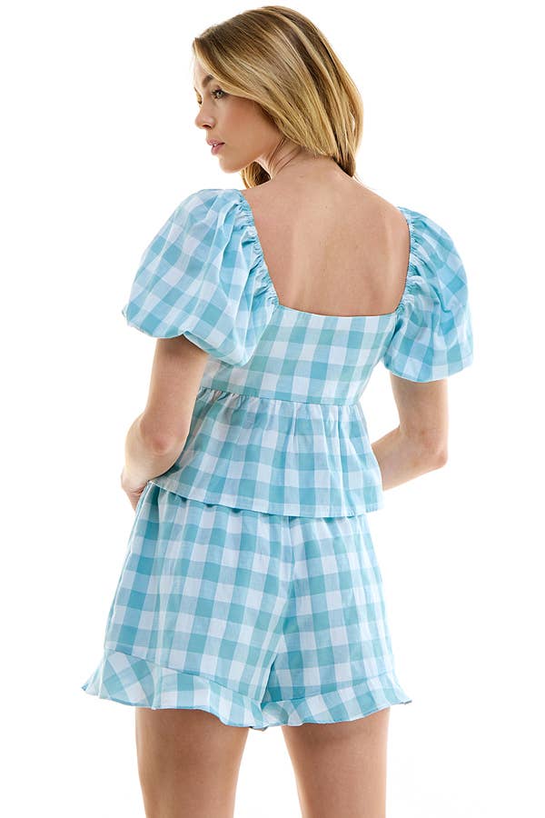 GINGHAM PUFF SLEEVE PEPLUM TOP: L