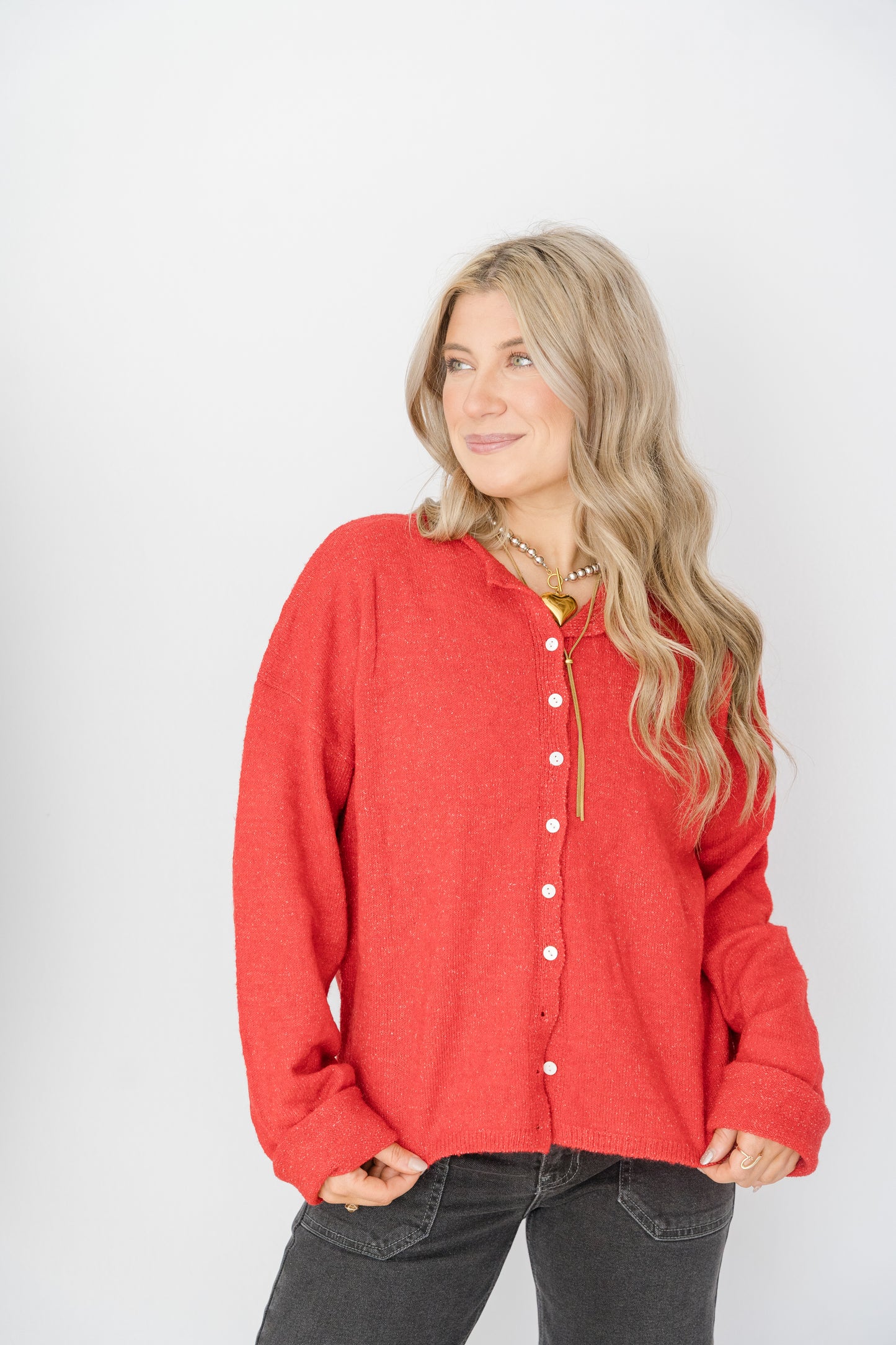 Monroe Button Down Knit Cardigan- Red