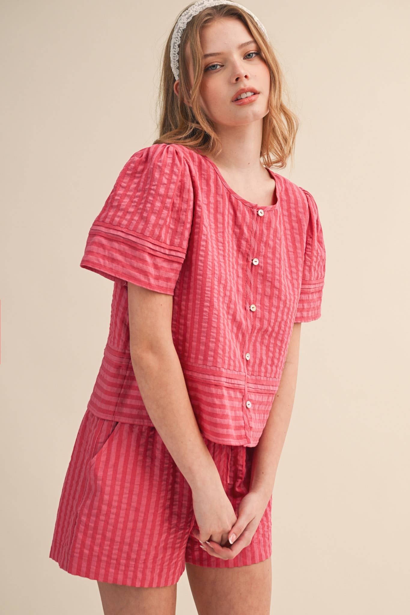 STRIPED BUTTON UP TOP AND SHORTS SET MPST4488: PINK RASPBERRY STRIP / L