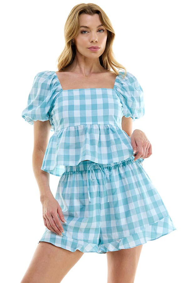 GINGHAM PUFF SLEEVE PEPLUM TOP: S