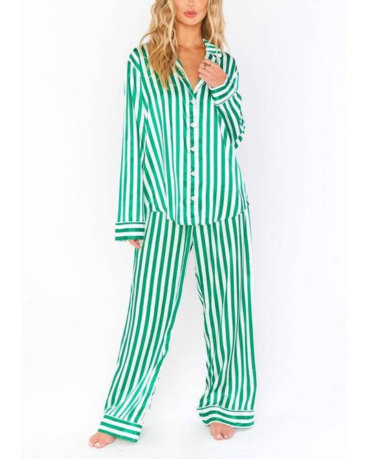Home Satin Vertical Striped Christmas Pajama Set: Green / XL
