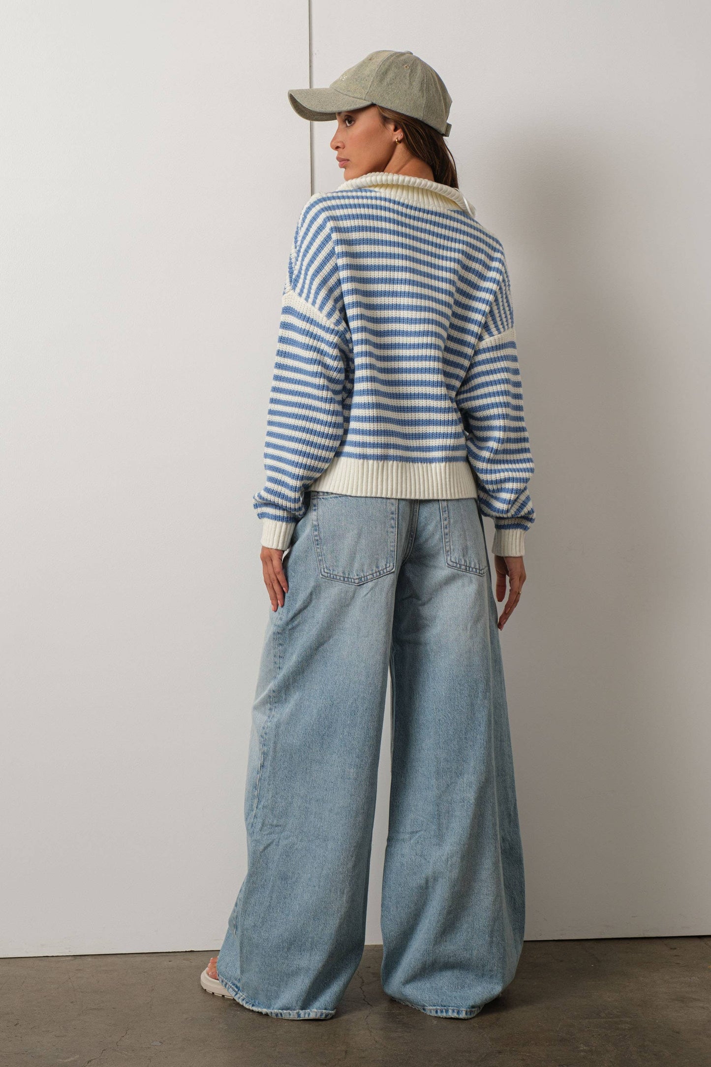 Preppy Californian Half-zip Striped Sweater-BLUE: BLUE / M