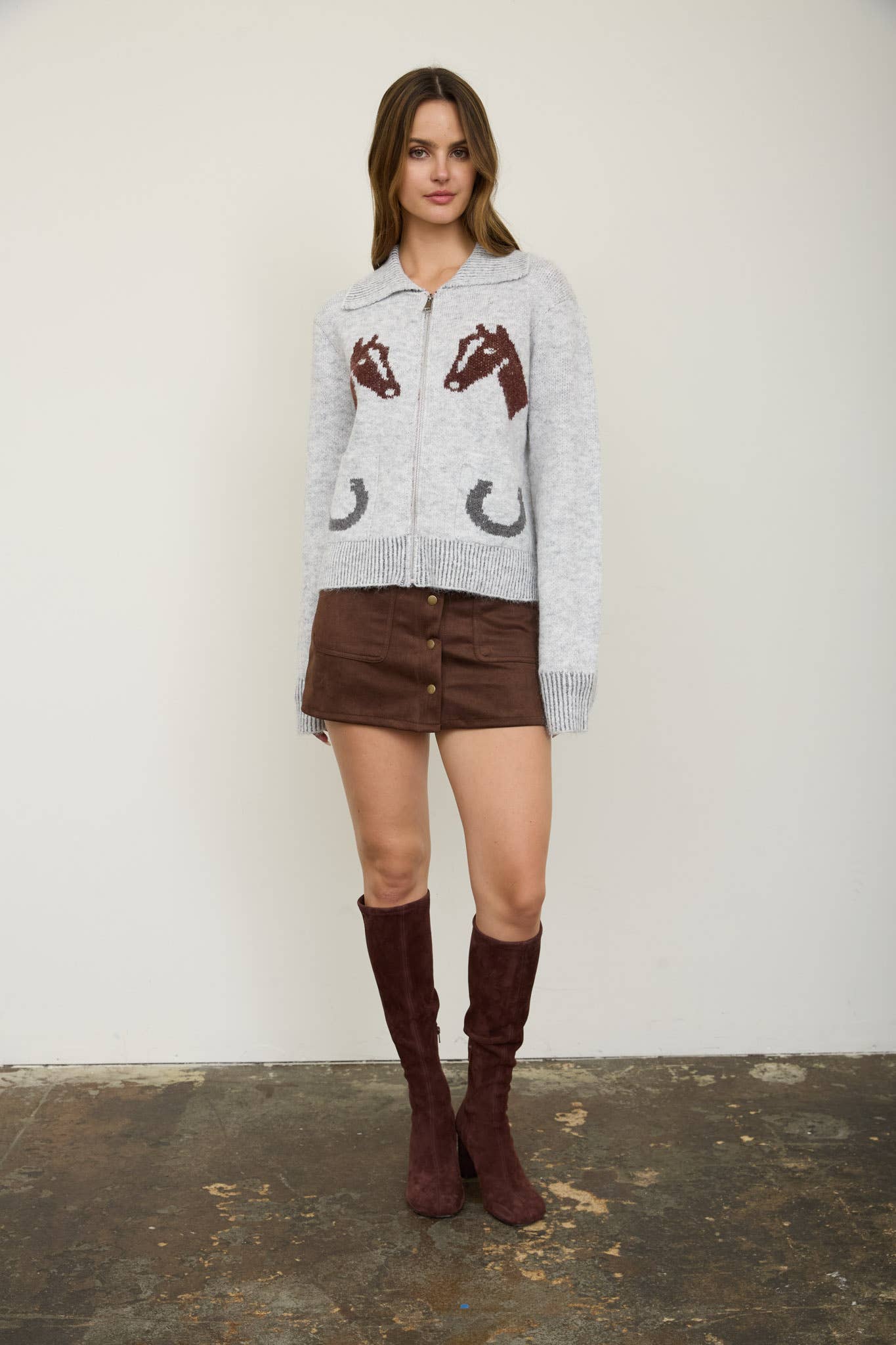 WESTERN JACQUARD COLLARED ZIP-UP KNIT CARDIGAN: LIGHT BROWN MULTI