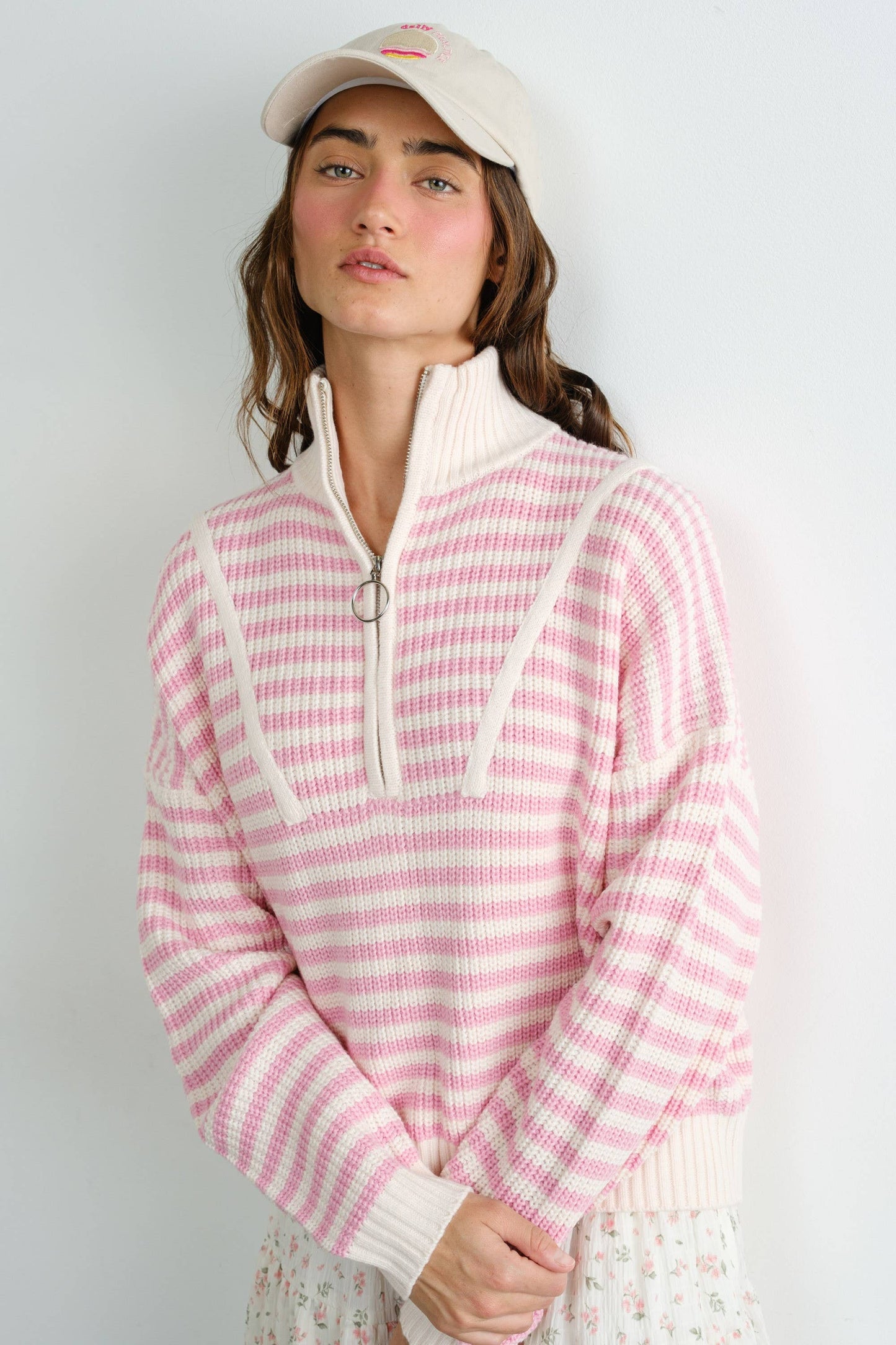 Preppy Californian Half-zip Striped Sweater-BLUE: BLUE / L