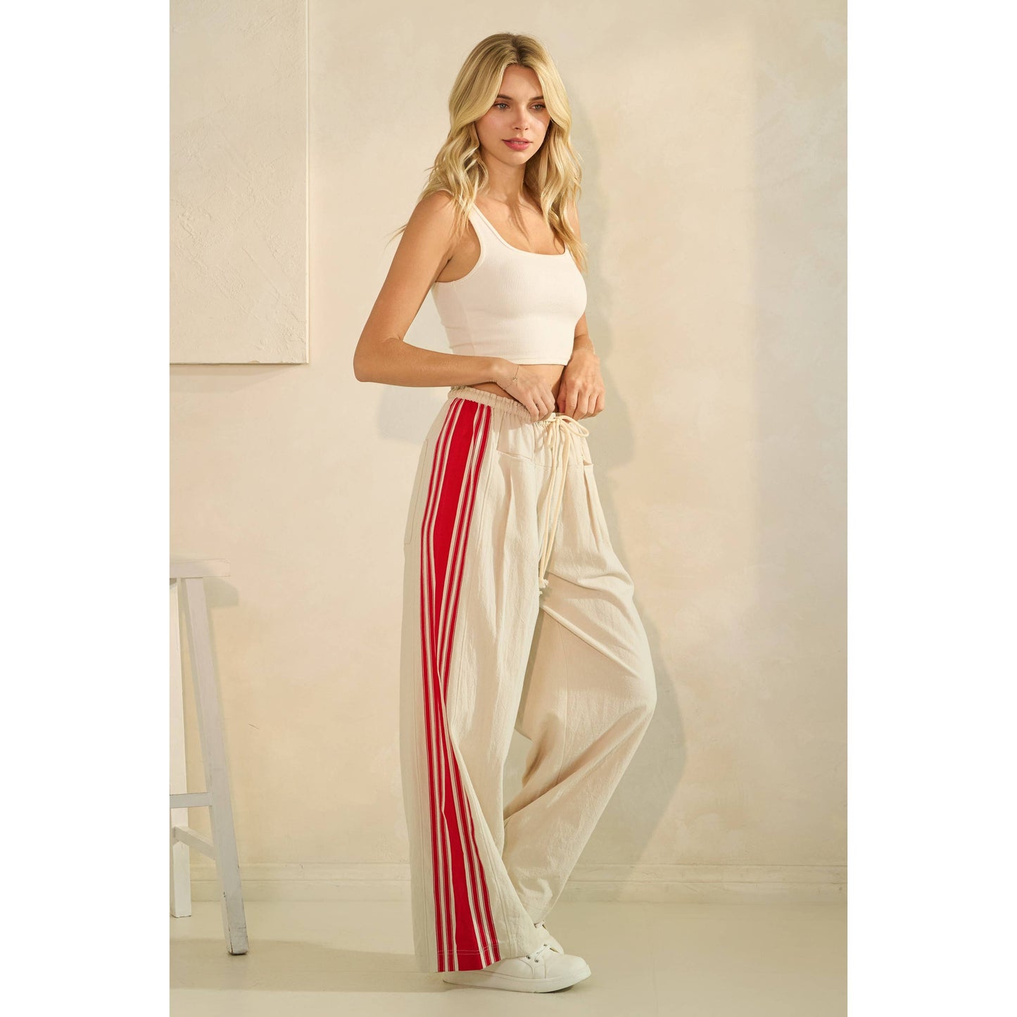 Sport Striped Wide Legged Pants: Ivory / L