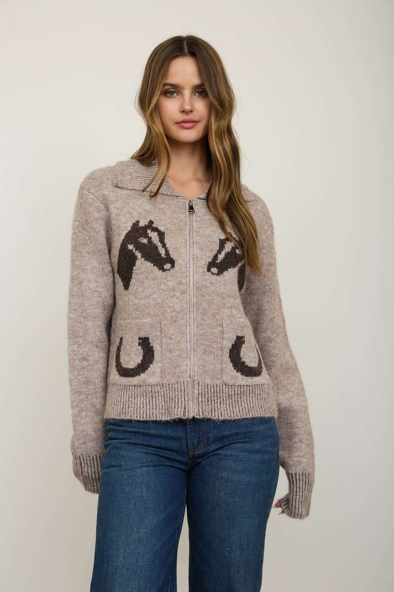 WESTERN JACQUARD COLLARED ZIP-UP KNIT CARDIGAN: LIGHT BROWN MULTI