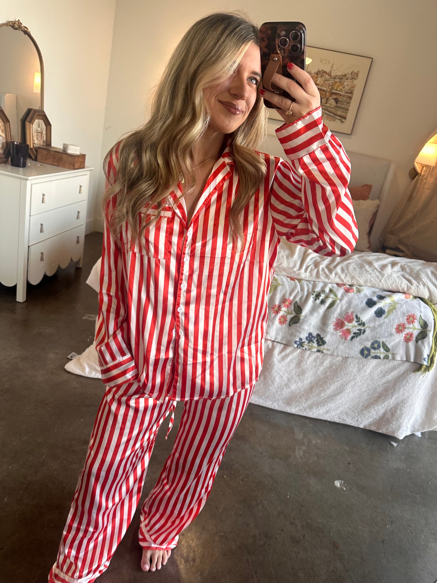 Red Home for Christmas Vertical Striped Christmas Pajama Set