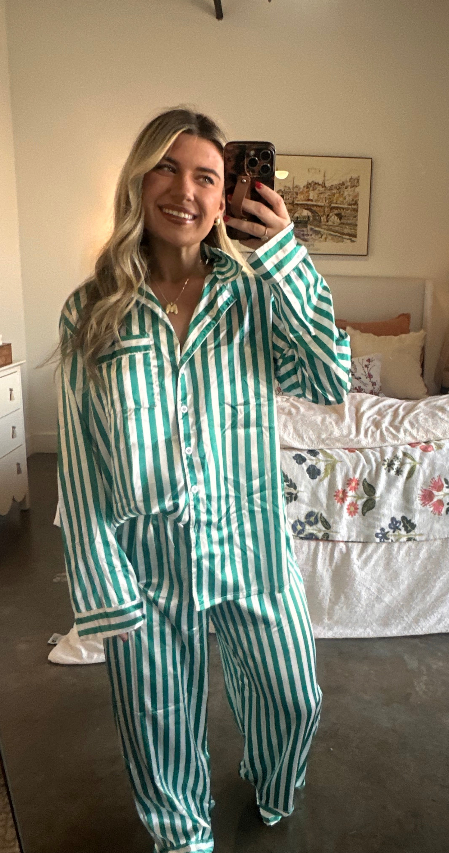Green Home for Christmas Vertical Striped Christmas Pajama Set