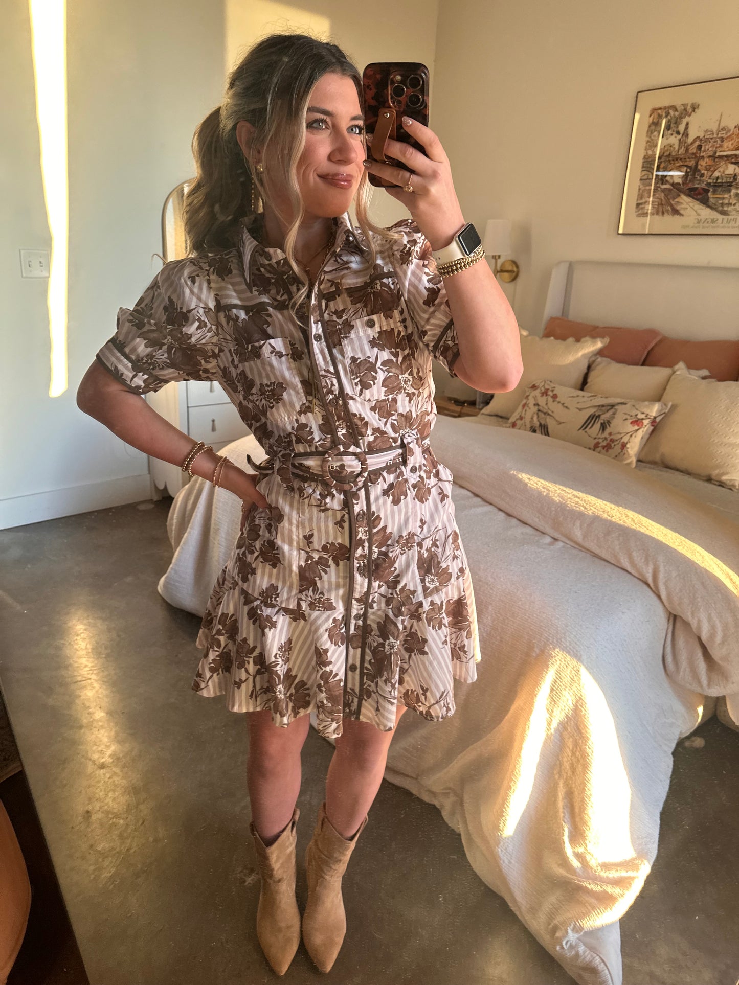 Chestnut Dreams Floral Belted Mini Dress