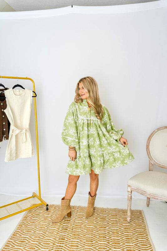 Cora Embroidered Balloon Sleeve Shift Dress