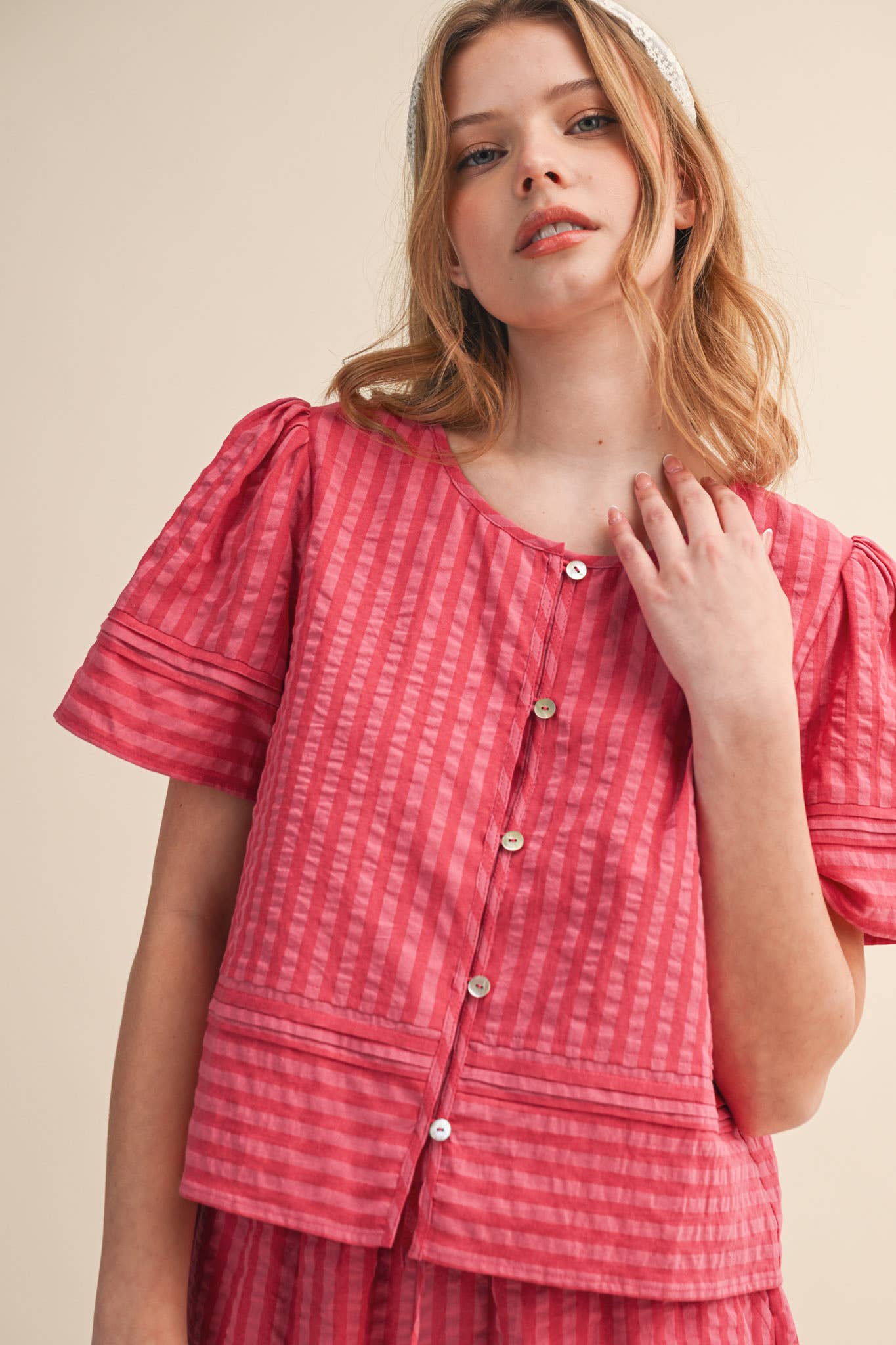 STRIPED BUTTON UP TOP AND SHORTS SET MPST4488: PINK RASPBERRY STRIP / L