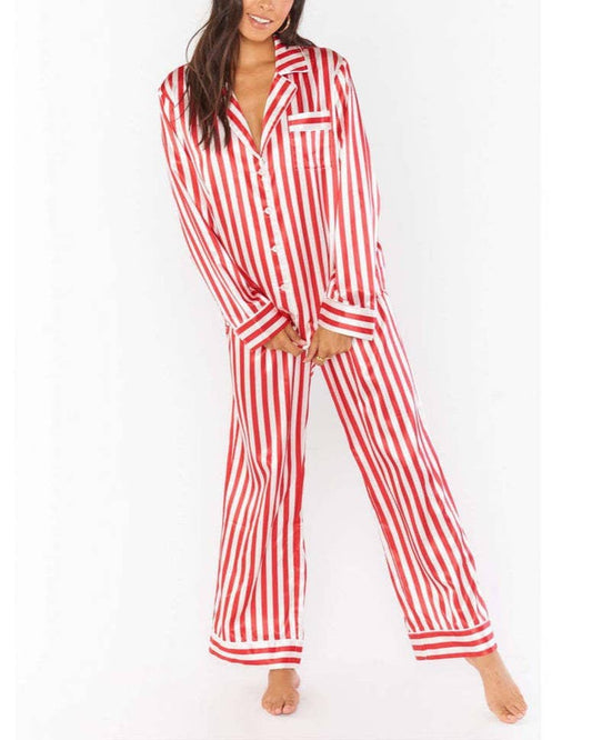 Home Satin Vertical Striped Christmas Pajama Set: Red / M