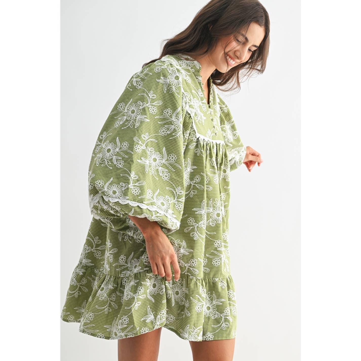 EMBROIDERED DRESS WITH BALLOON SLEEVES: MOSS GREEN/CREAM / S-M-L(3-2-1)