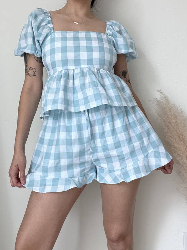 GINGHAM PUFF SLEEVE PEPLUM TOP: S