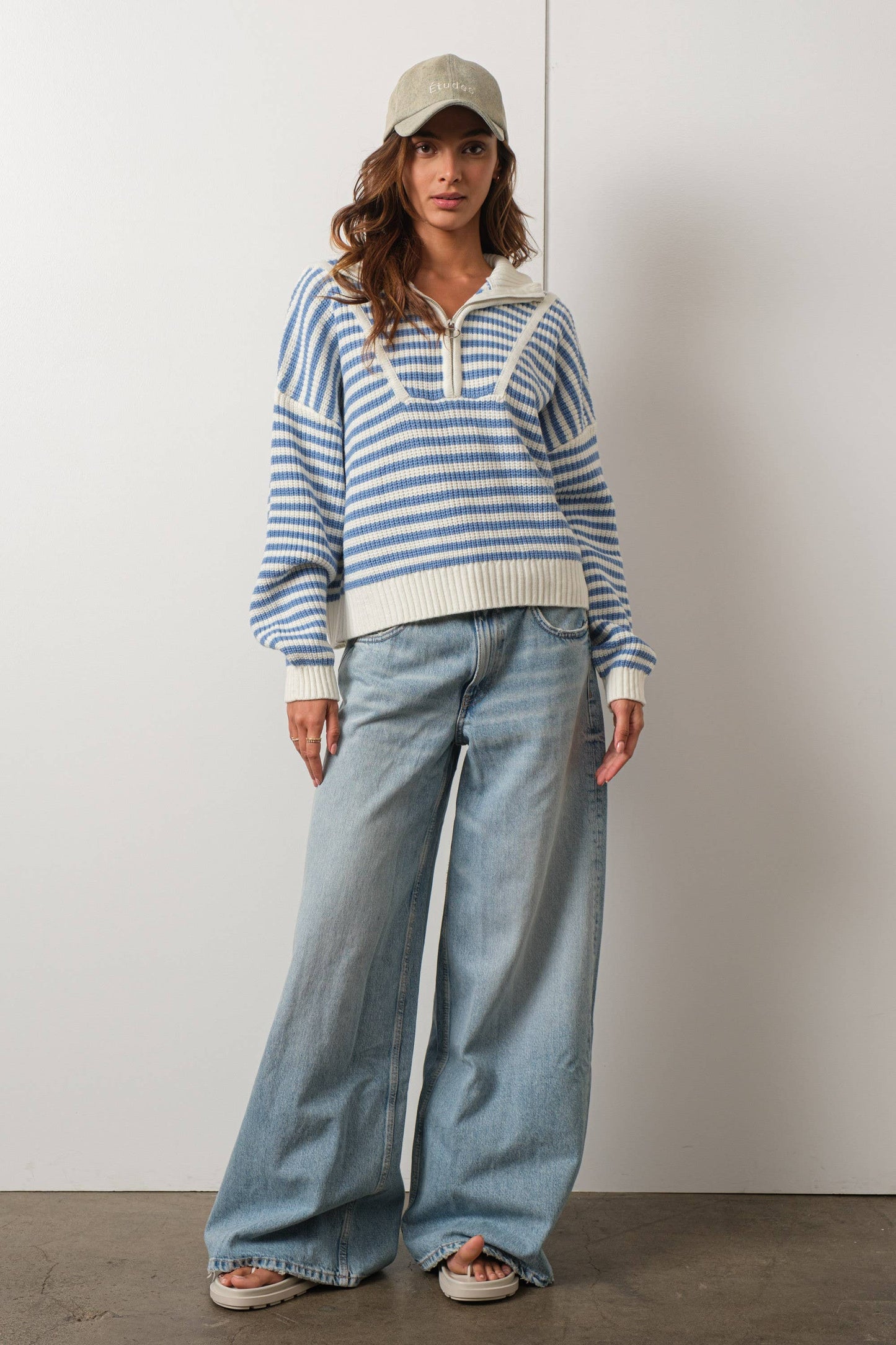 Preppy Californian Half-zip Striped Sweater-BLUE: BLUE / L
