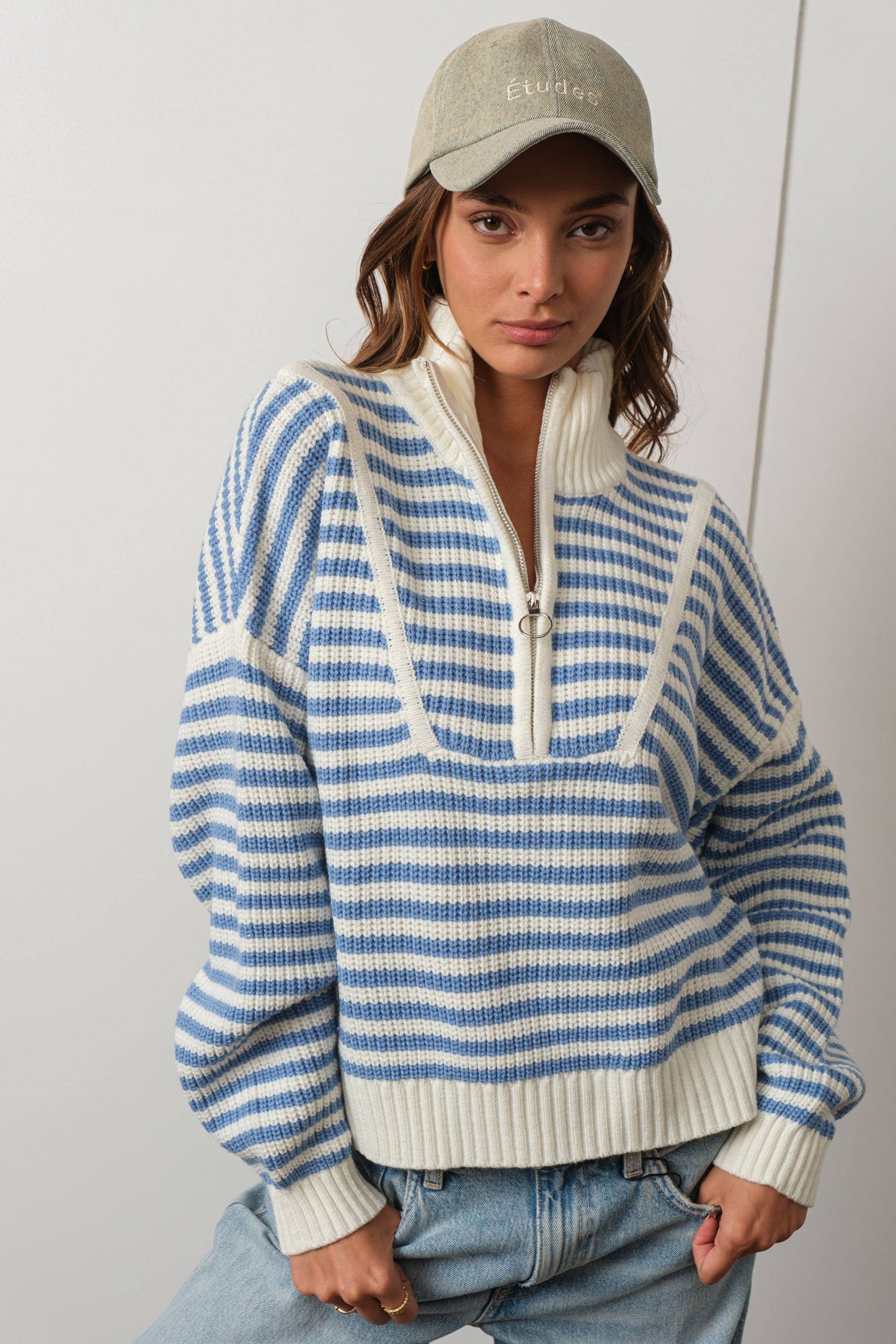 Preppy Californian Half-zip Striped Sweater-BLUE: BLUE / M