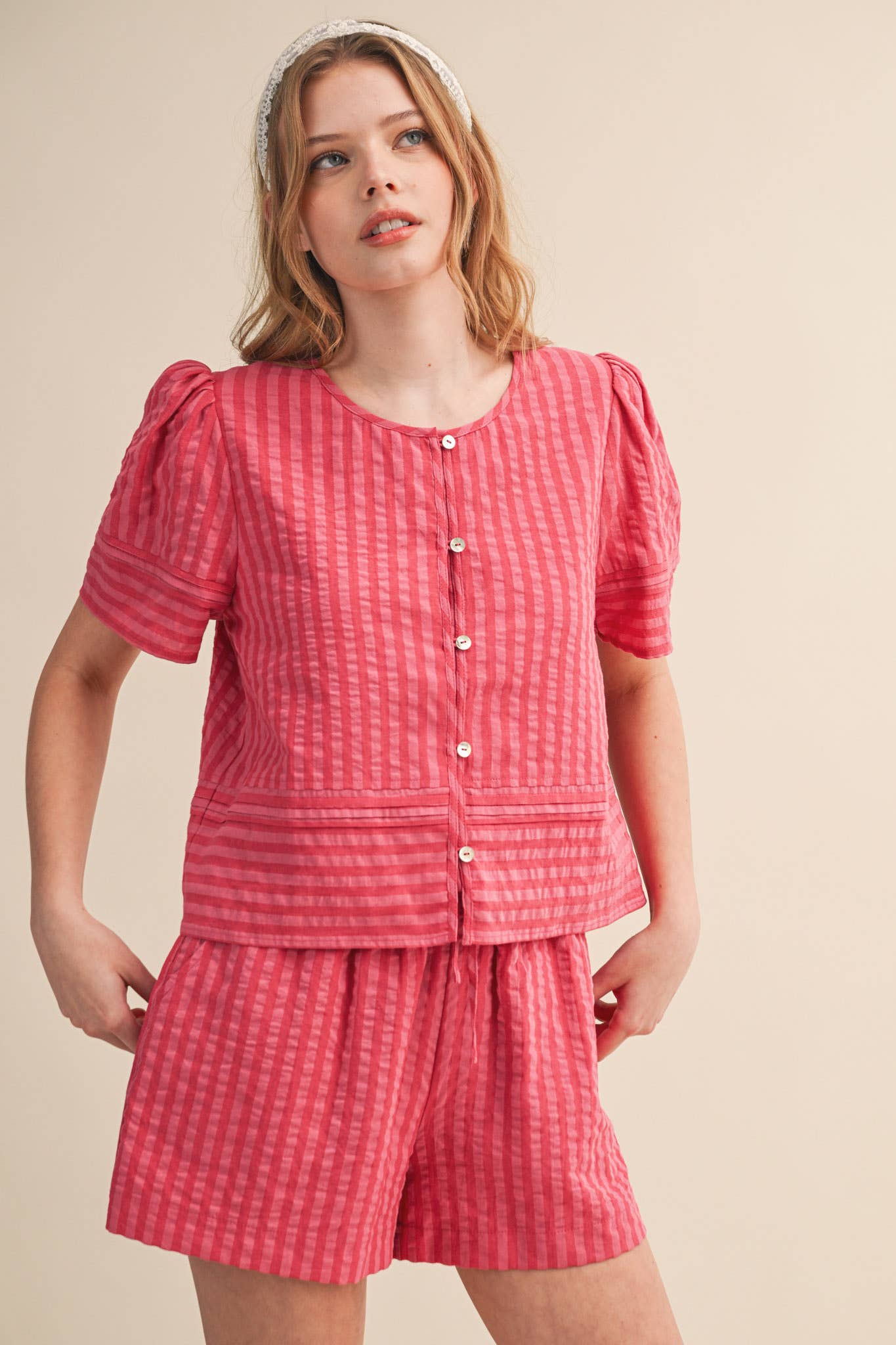 STRIPED BUTTON UP TOP AND SHORTS SET MPST4488: PINK RASPBERRY STRIP / M