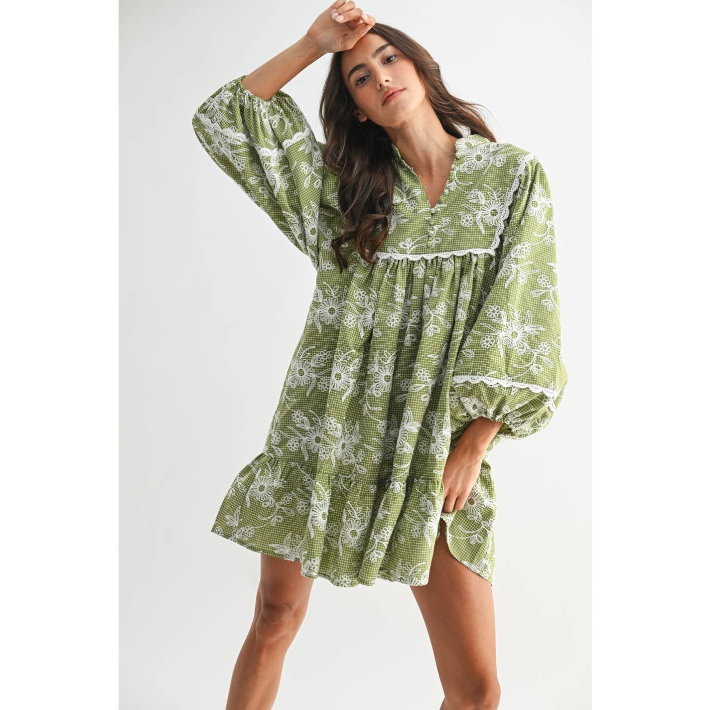EMBROIDERED DRESS WITH BALLOON SLEEVES: MOSS GREEN/CREAM / S-M-L(3-2-1)