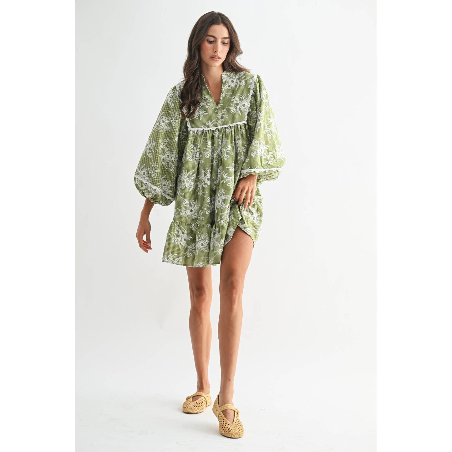 EMBROIDERED DRESS WITH BALLOON SLEEVES: MOSS GREEN/CREAM / S-M-L(3-2-1)