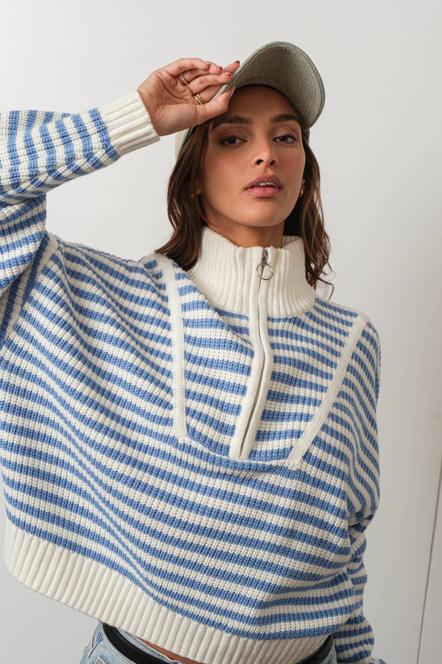 Preppy Californian Half-zip Striped Sweater-BLUE: BLUE / M