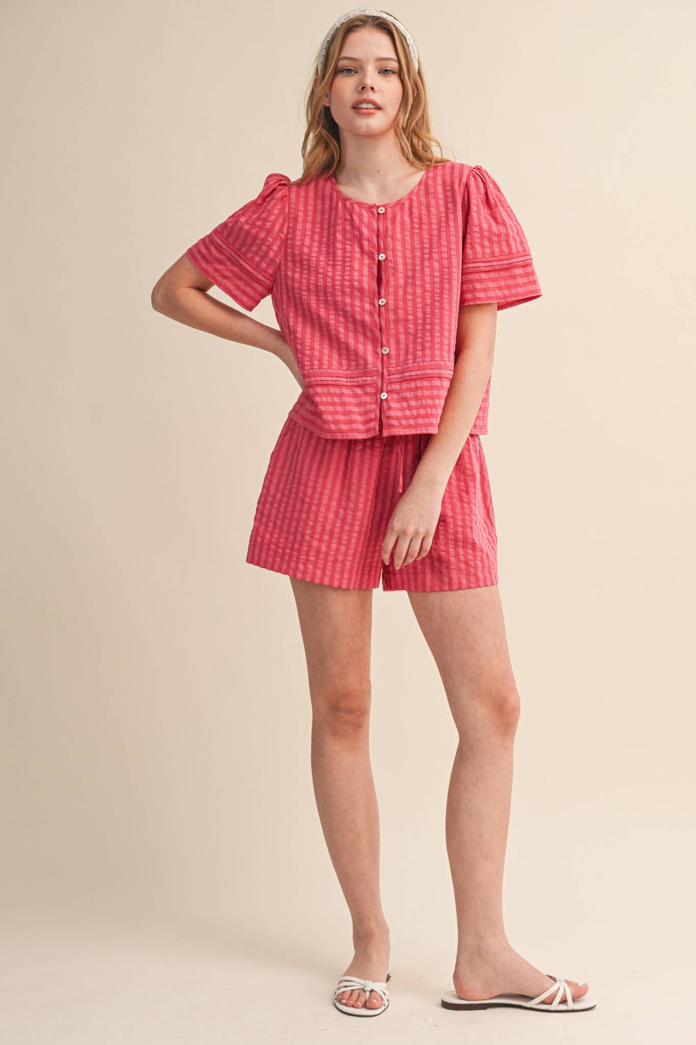 STRIPED BUTTON UP TOP AND SHORTS SET MPST4488: PINK RASPBERRY STRIP / S