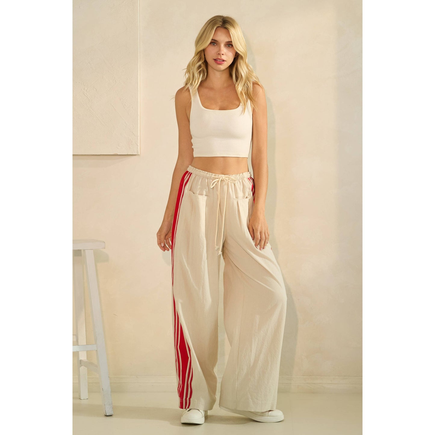 Sport Striped Wide Legged Pants: Ivory / M