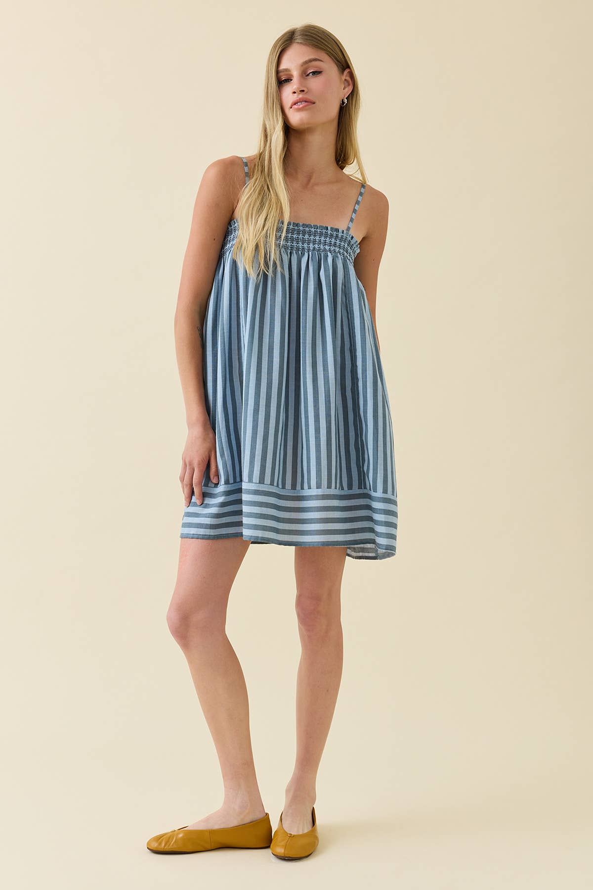 Smocked Stripe Cami Dress - RD1387: BLUE STRIPE / S-M-L (3-2-1)