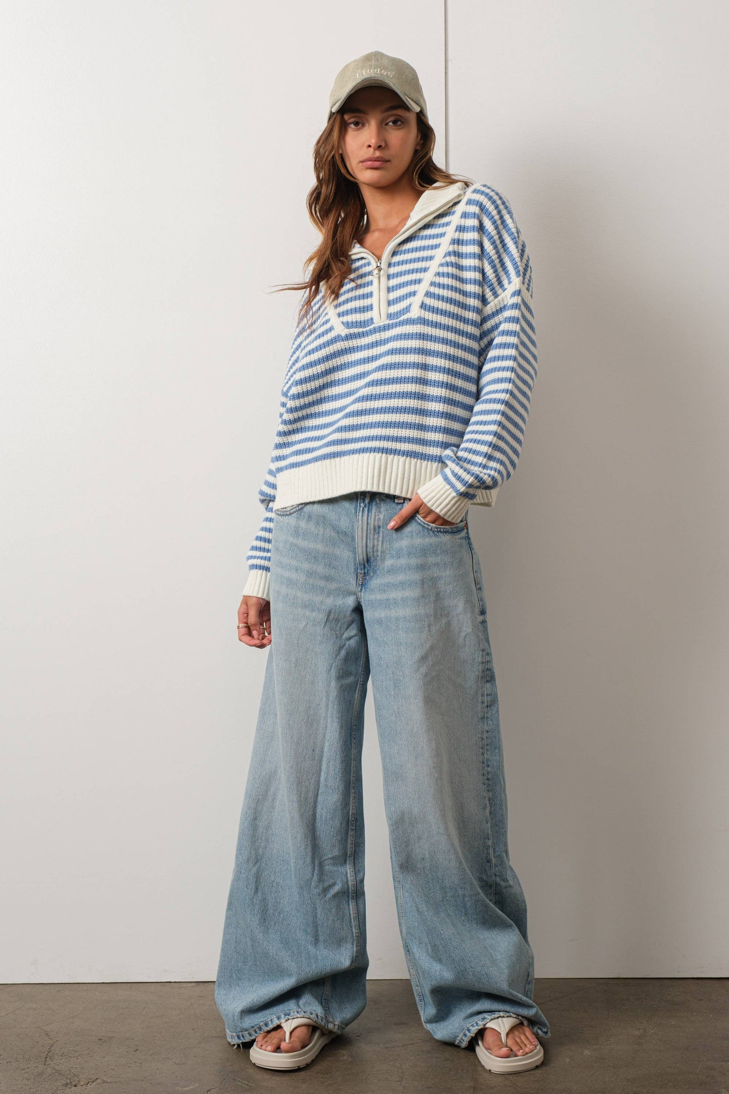 Preppy Californian Half-zip Striped Sweater-BLUE: BLUE / S