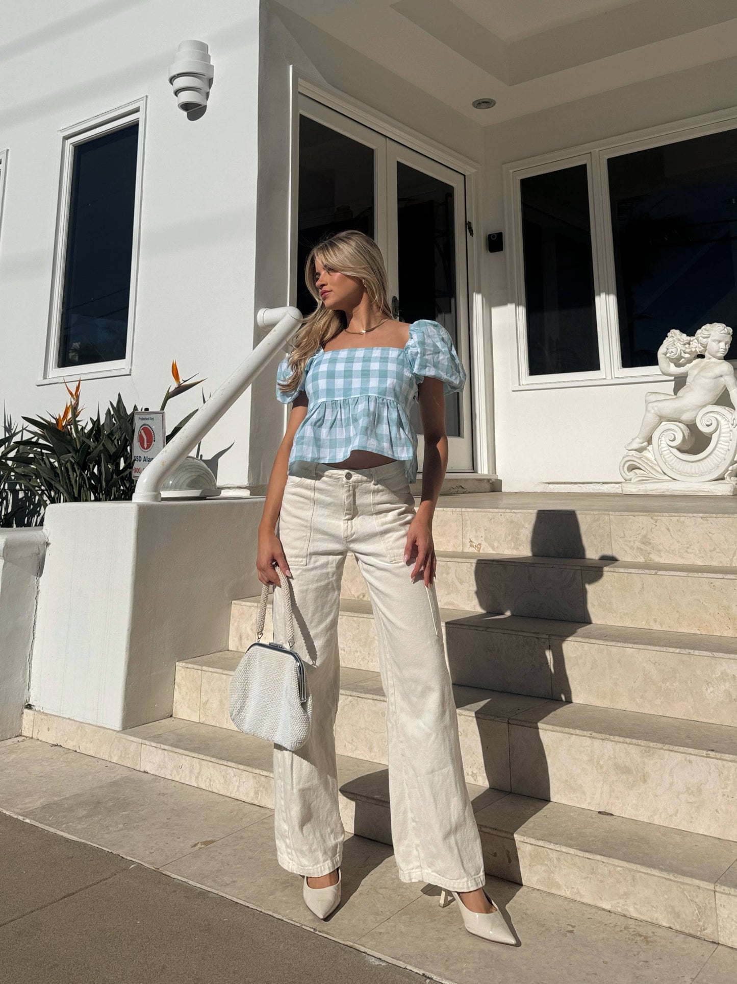 GINGHAM PUFF SLEEVE PEPLUM TOP: M