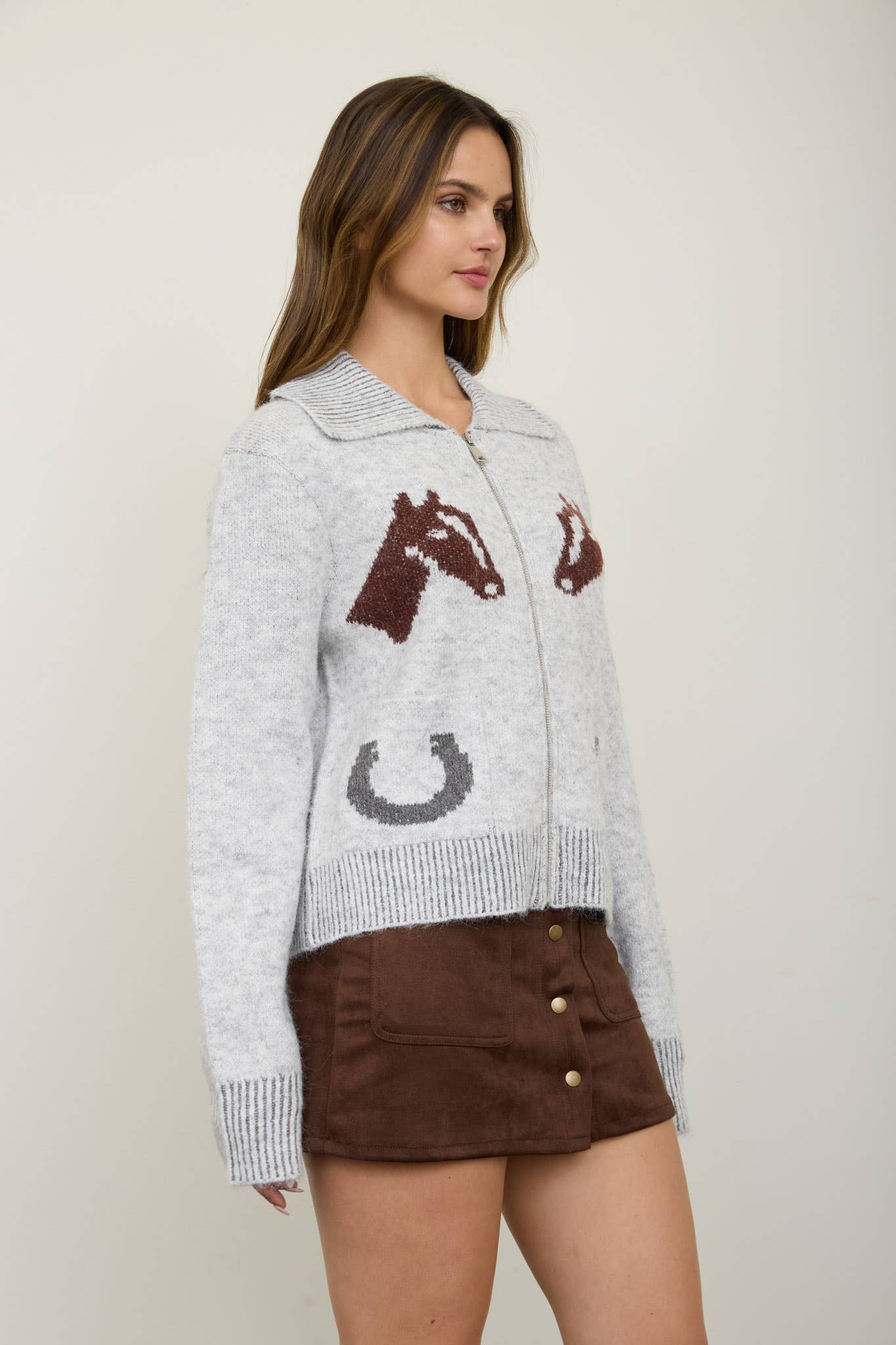 WESTERN JACQUARD COLLARED ZIP-UP KNIT CARDIGAN: LIGHT BROWN MULTI
