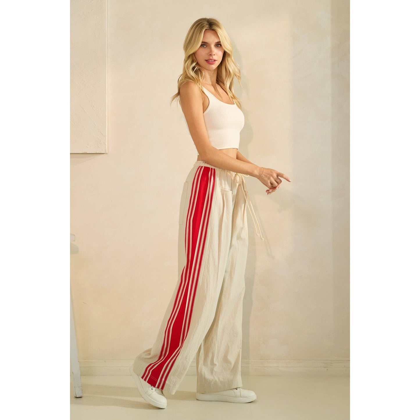 Sport Striped Wide Legged Pants: Ivory / M