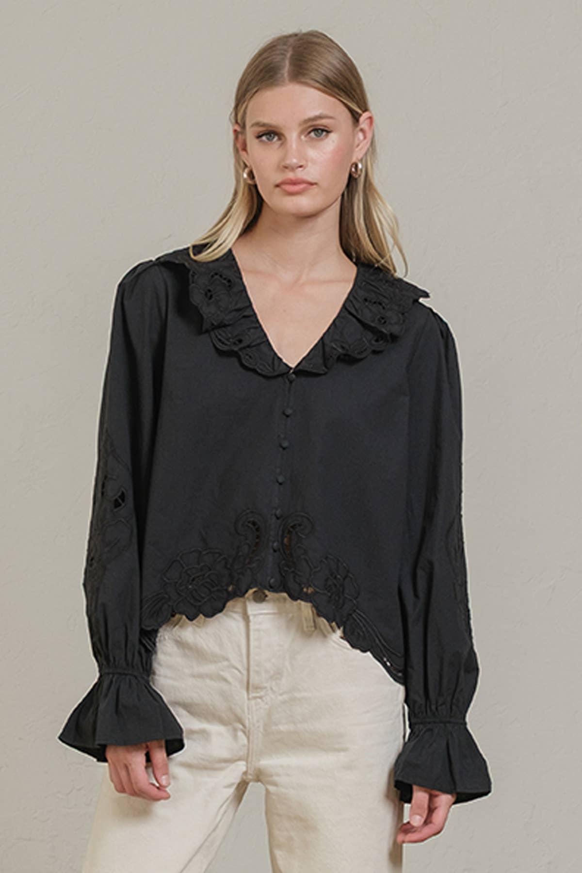 Embroidery Ruffle Blouse - RT1039: White / S-M-L (3-2-1)